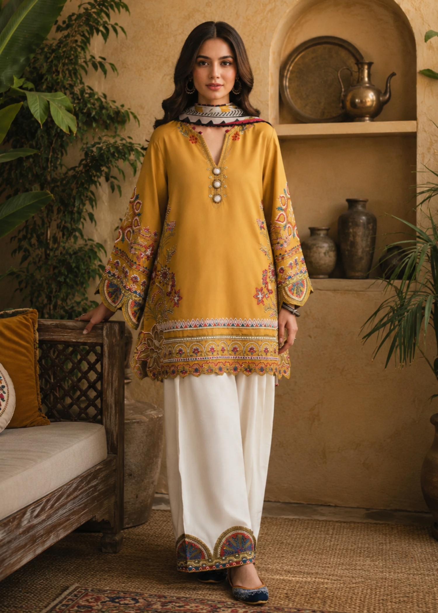 linen Kurta Set in Yellow-orange