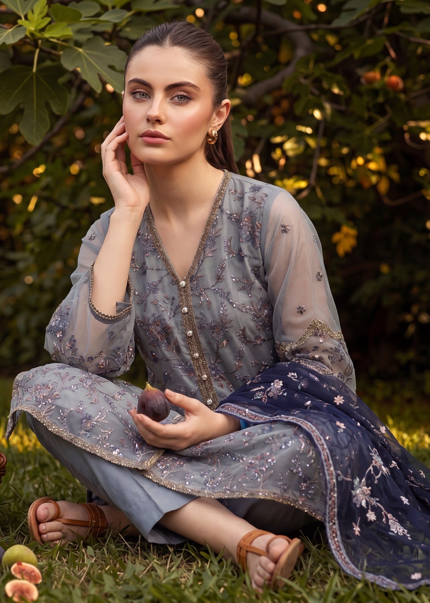 organza Kurta Set in Cool grey