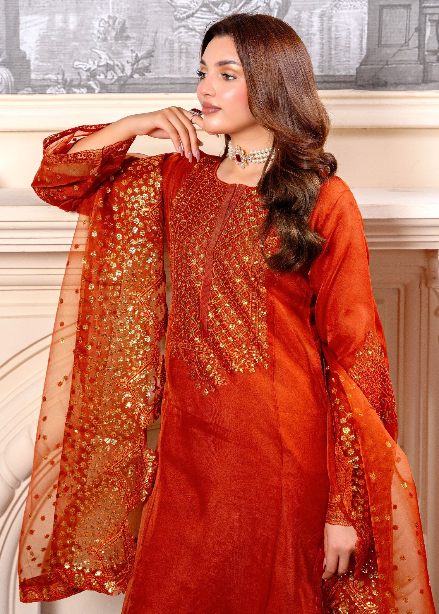 organza Gharara in Rust orange