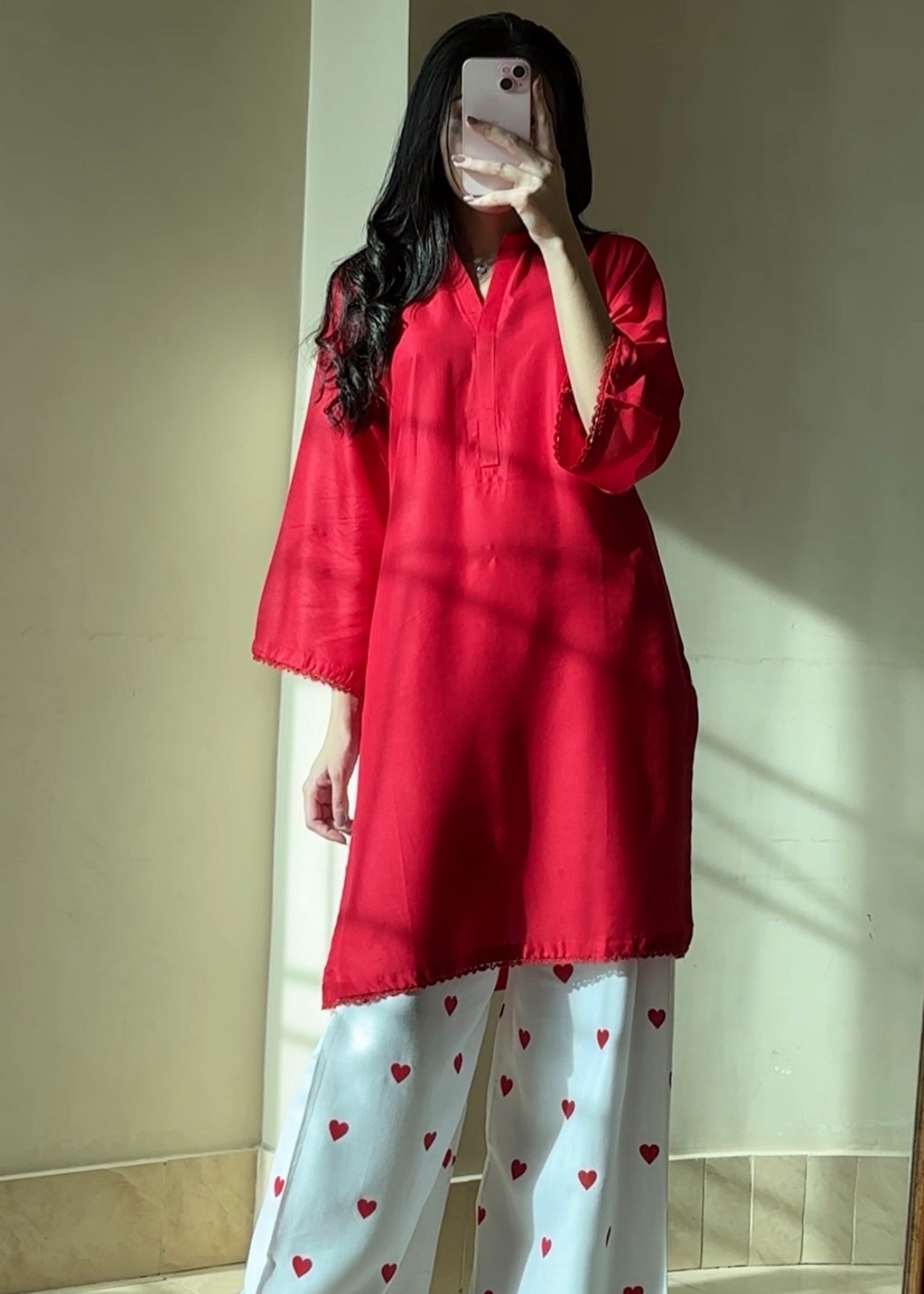 arabic lawn Kurta Set in Red