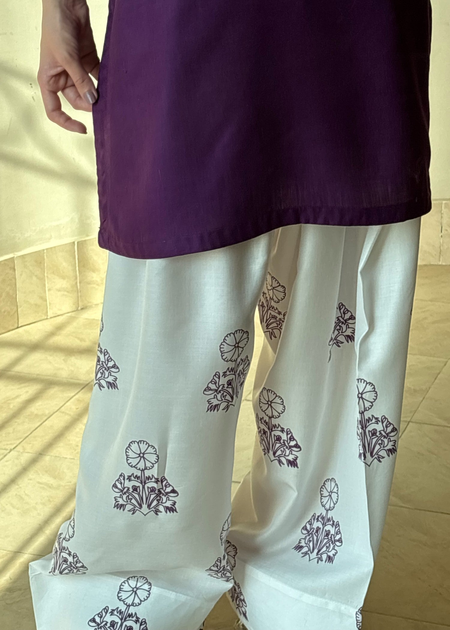 linen Kurta Set in White, purple