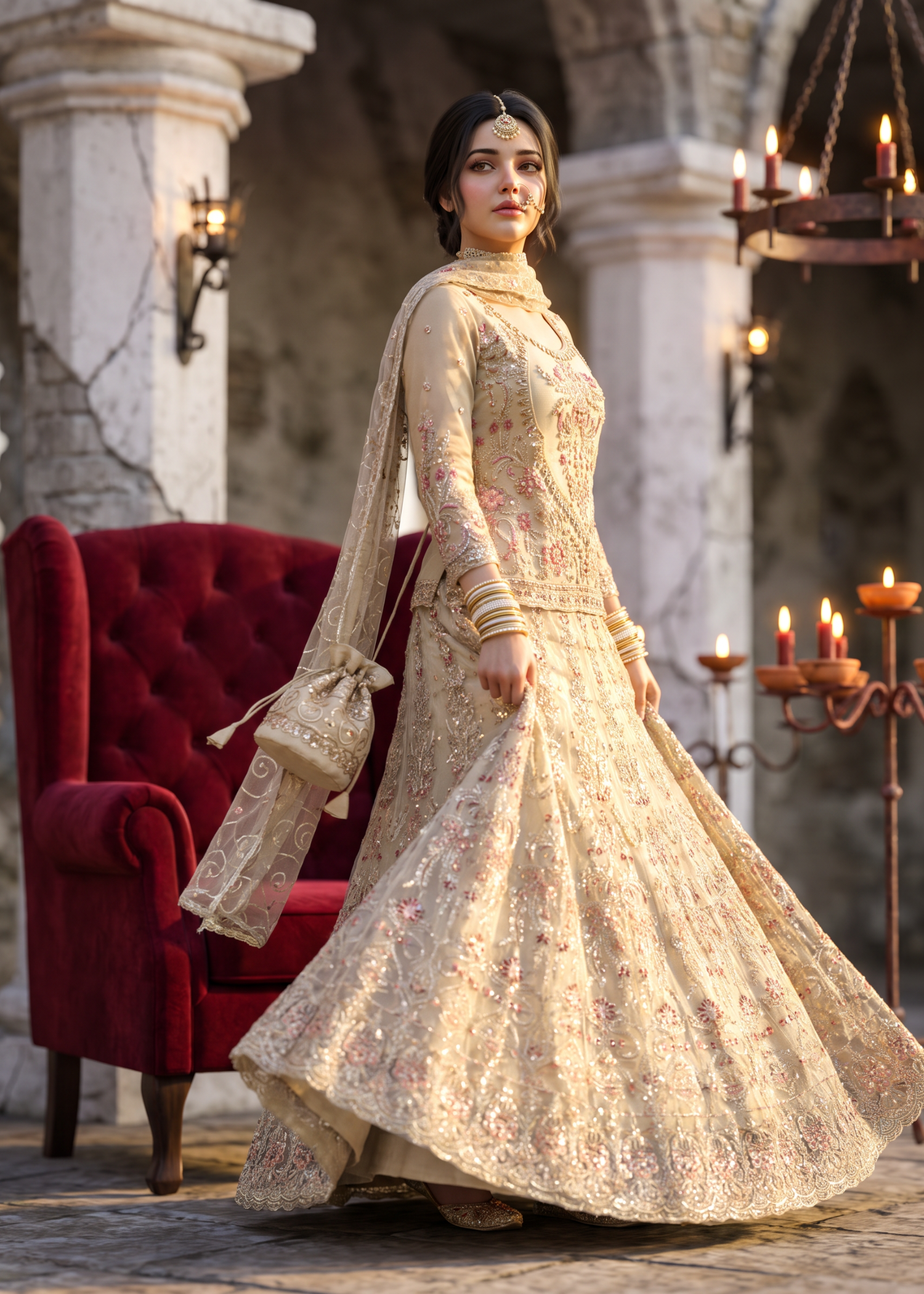 net Lehenga in Off-white
