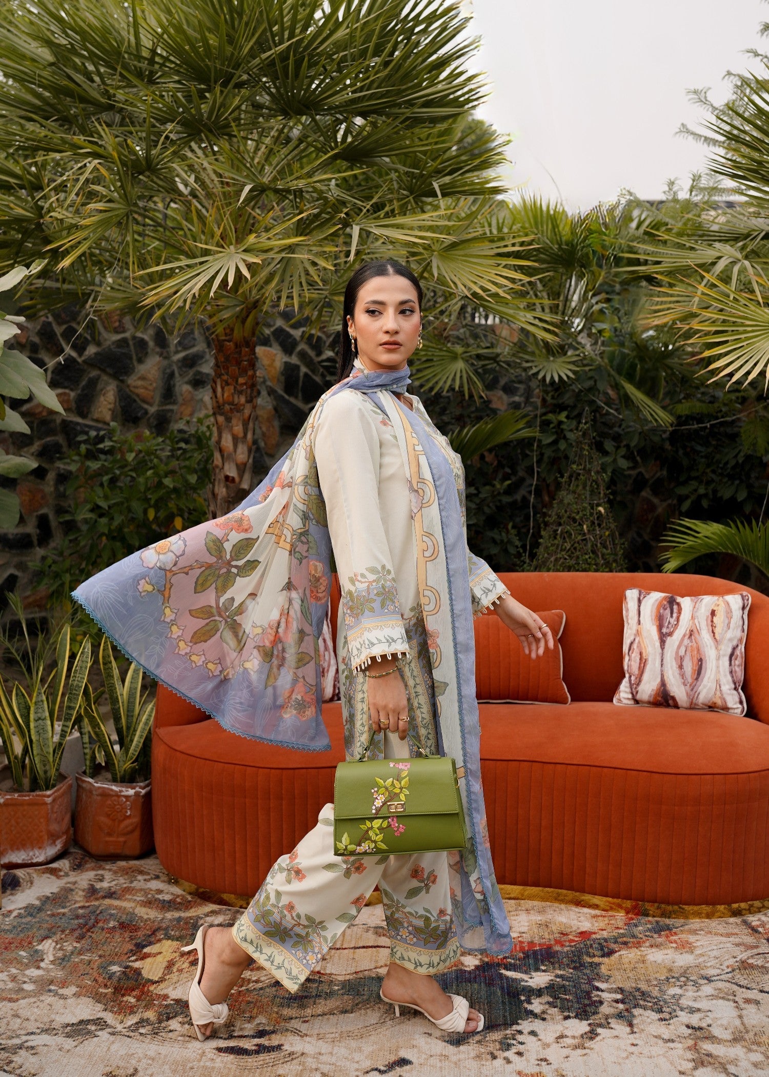 poly lawn Kurta Set in Tea green