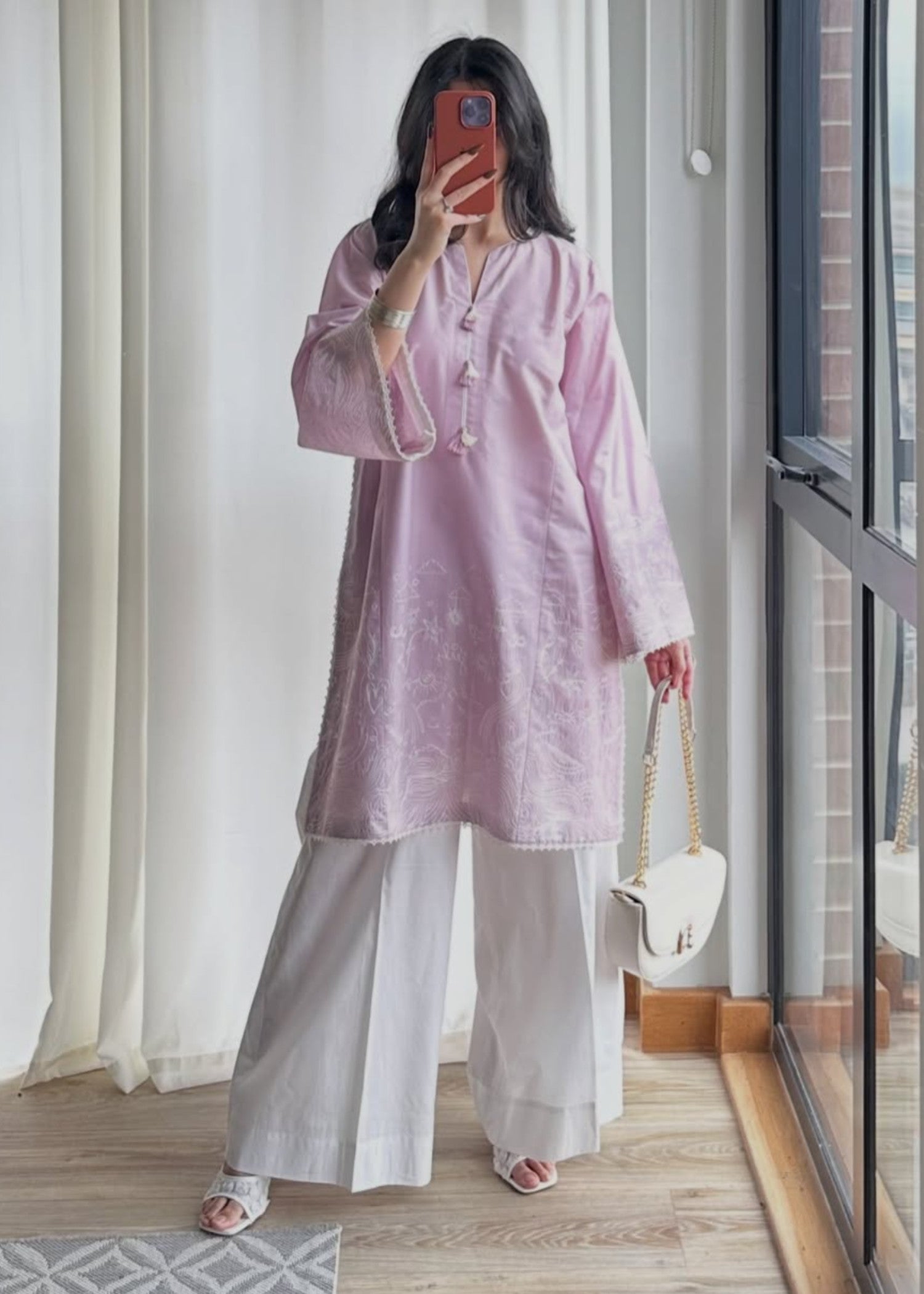 cotton Kurta Set in White, lavender grey