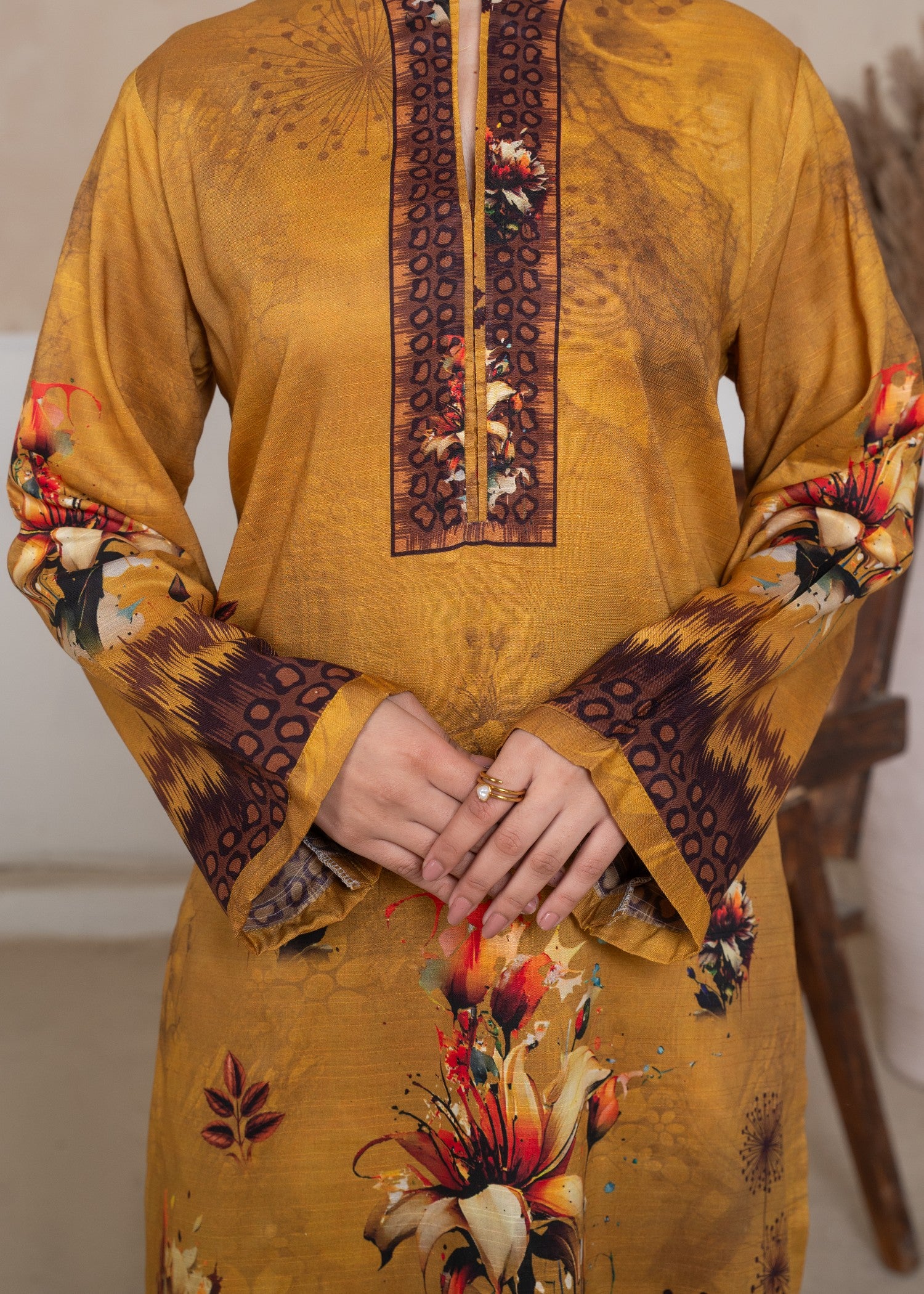 viscose linen Kurta Set in Yellow-orange