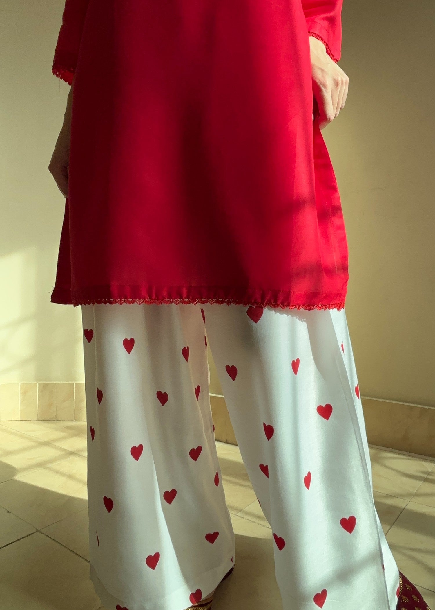 arabic lawn Kurta Set in Red
