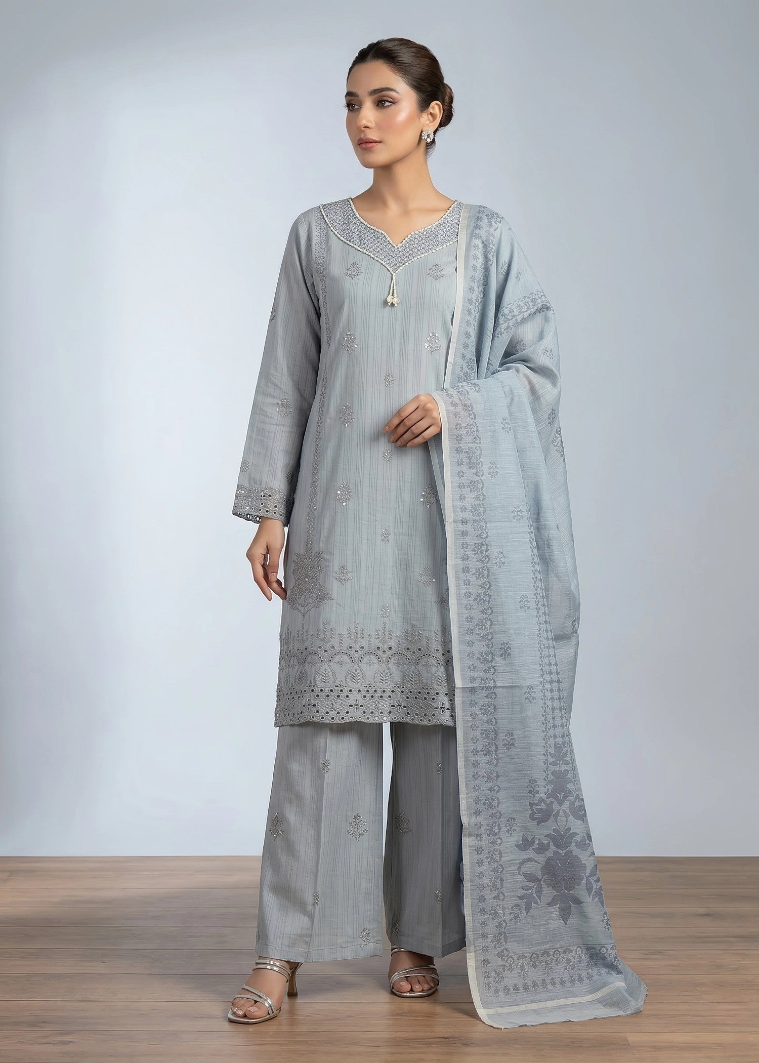 cambric cotton Kurta Set in Ash grey