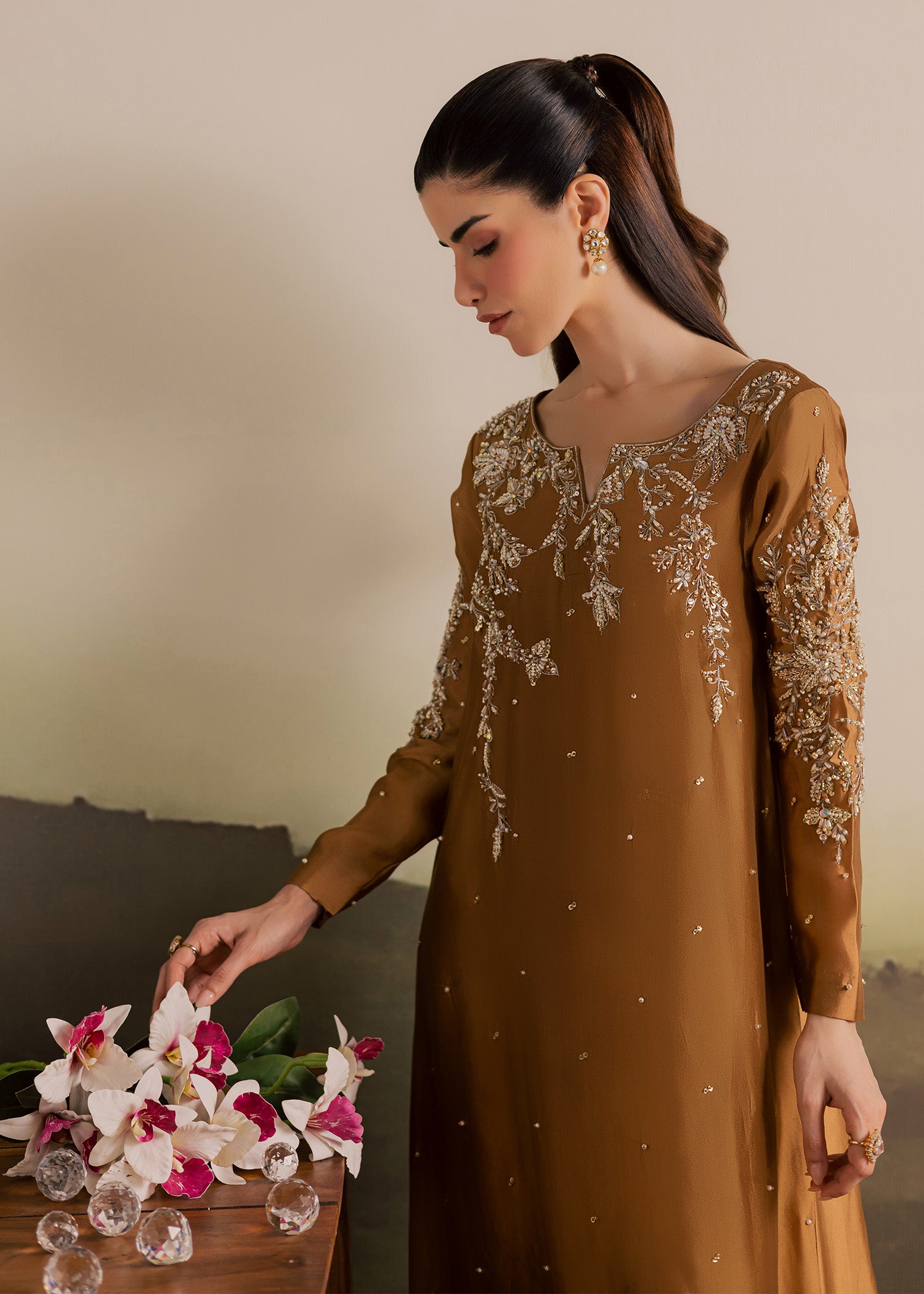 tussar silk Kaftan in Caramel brown