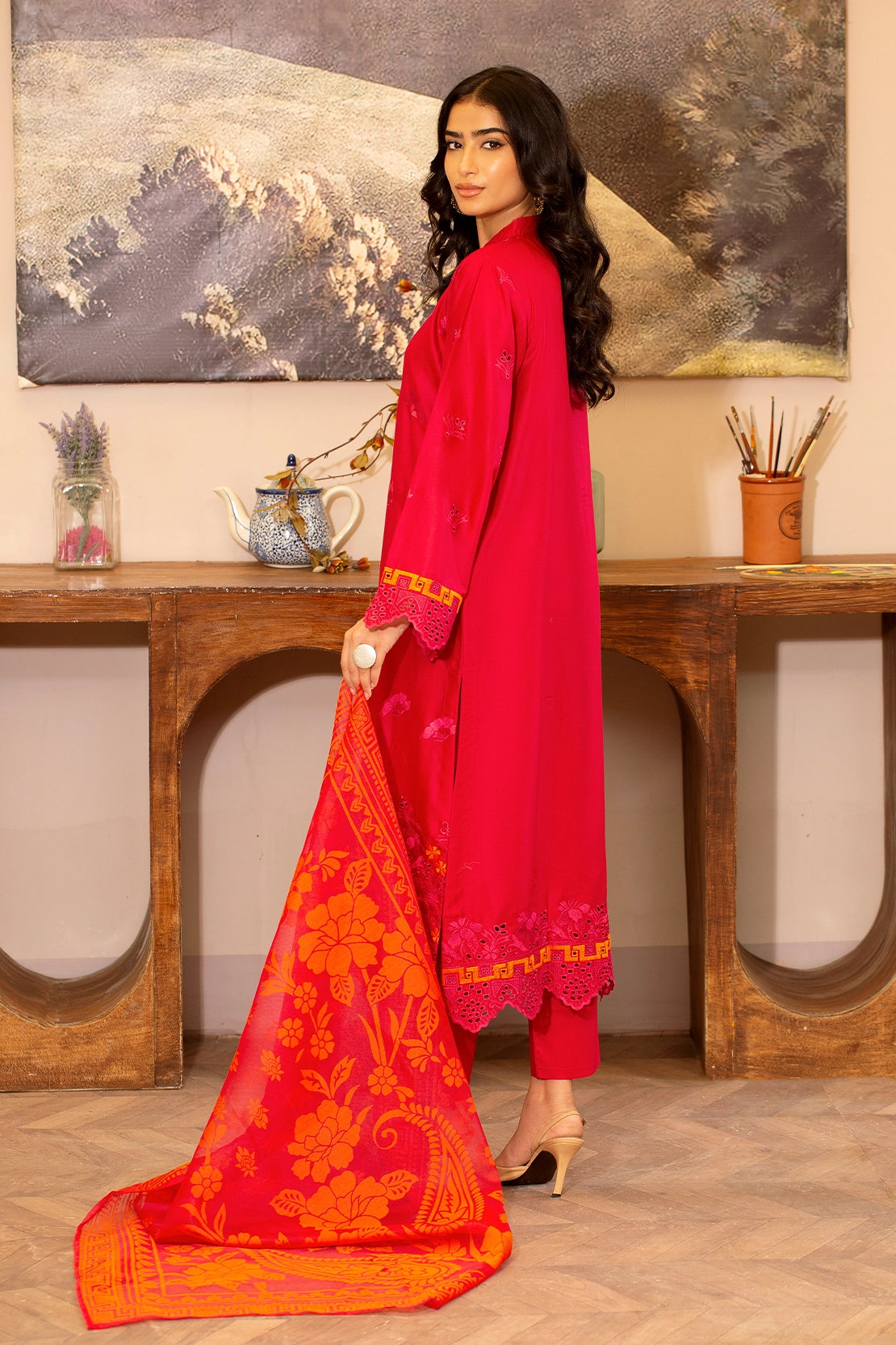 zari lawn Unstitched in Red