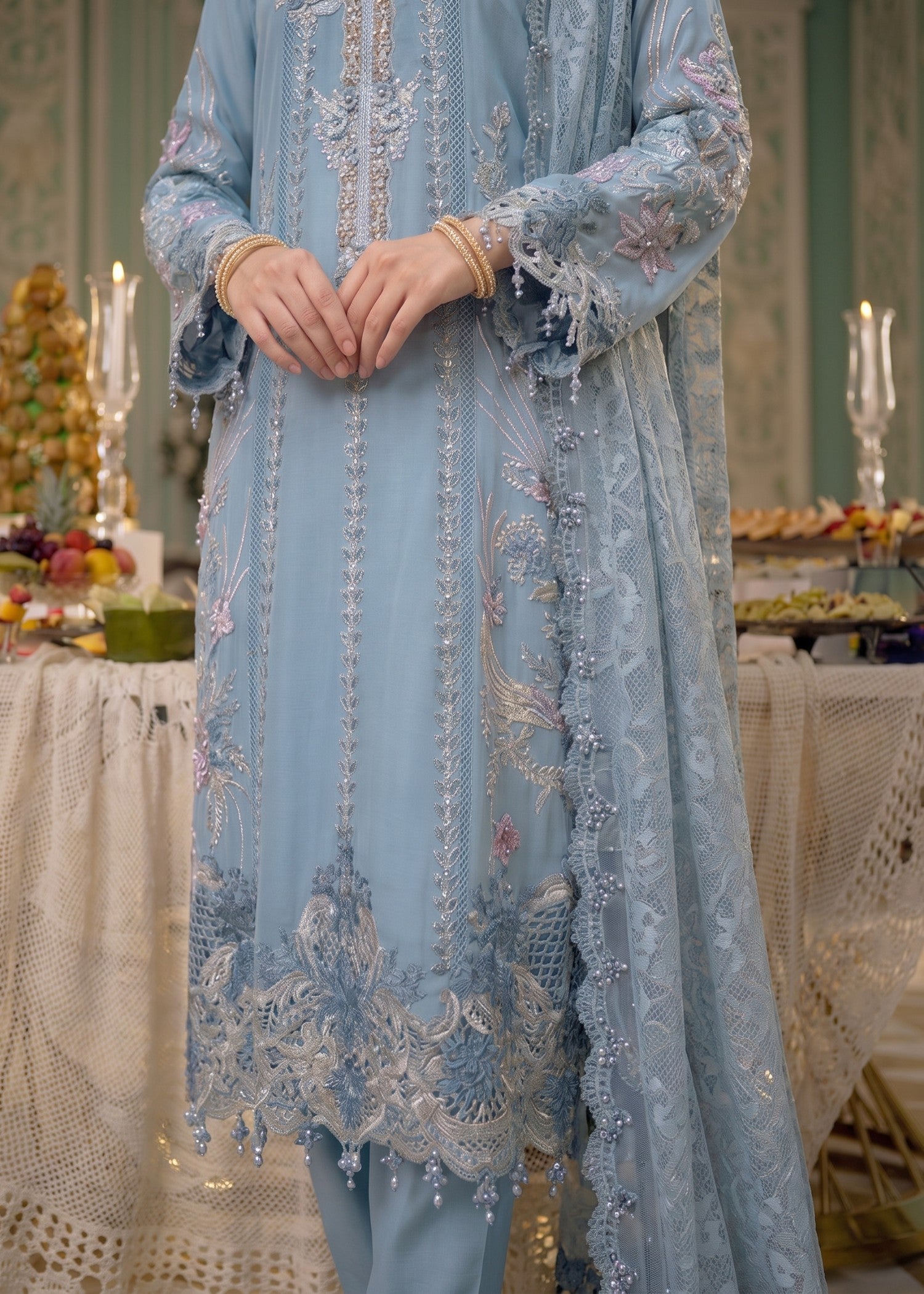 chiffon Kurta Set in Sky