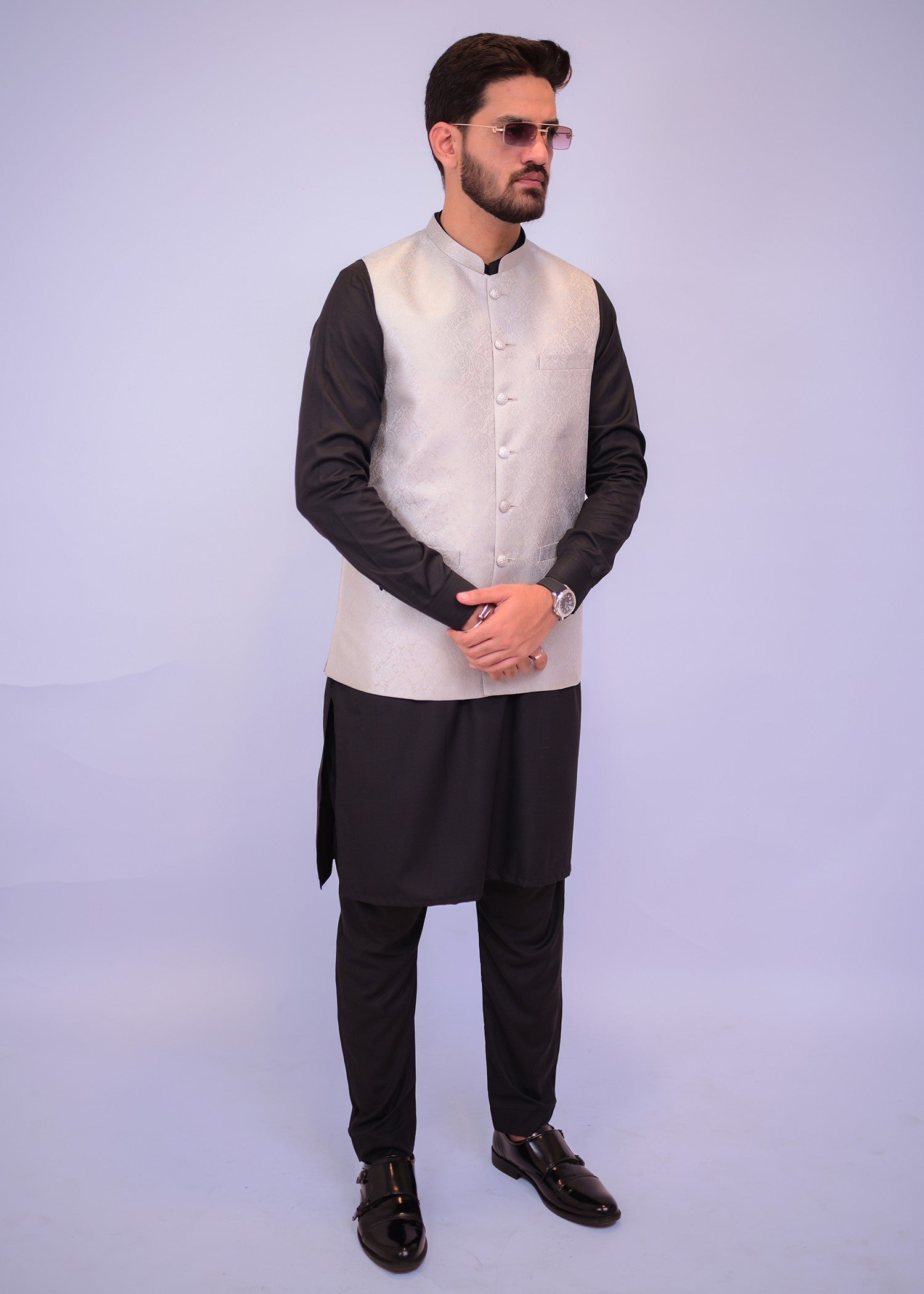 jamawar Waistcoat in Silver