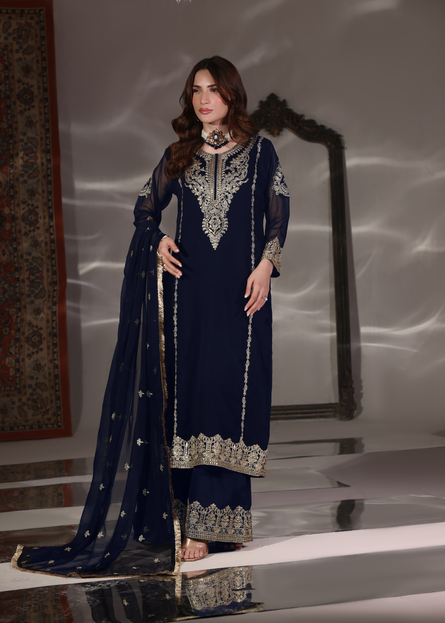 pk chiffon Kurta Set in Navy blue