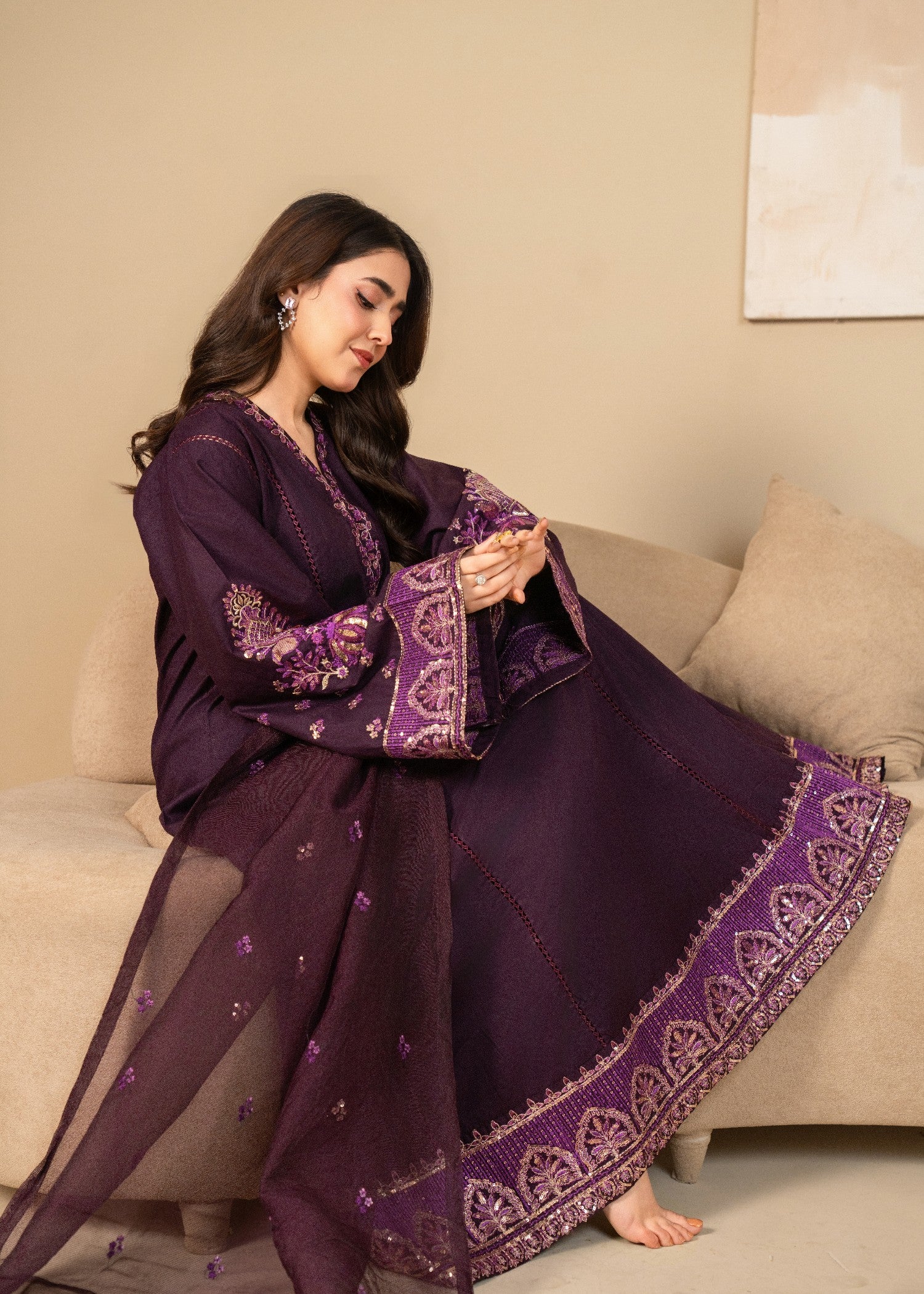 lawn cotton Pishwas in Deep purple