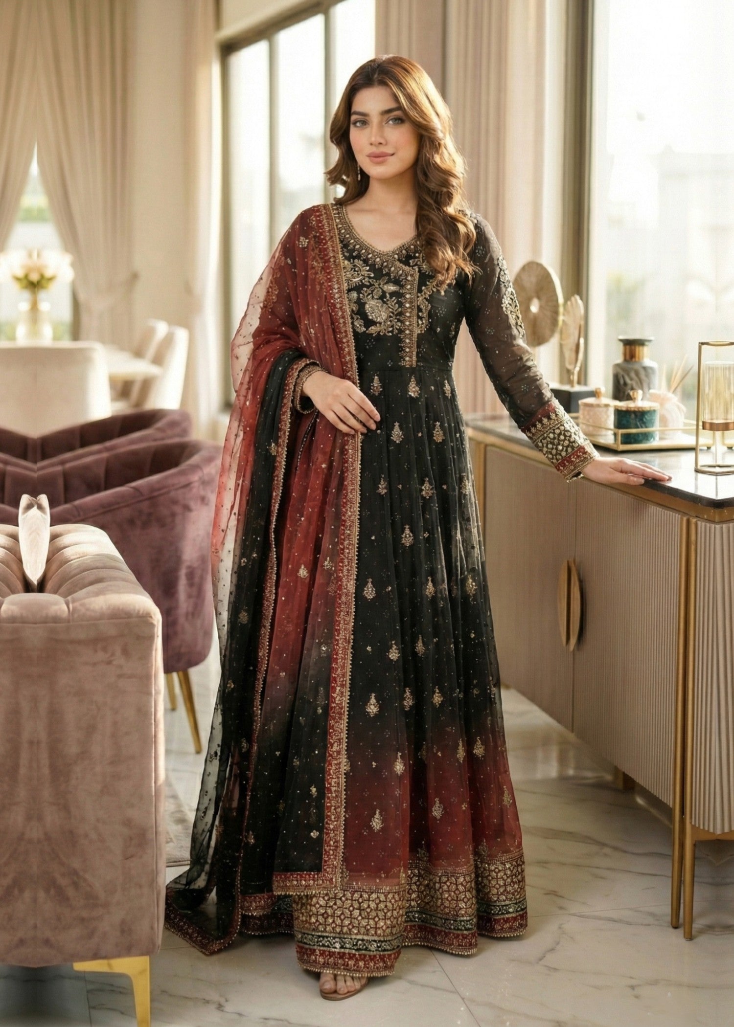 chiffon Angrakha in Black