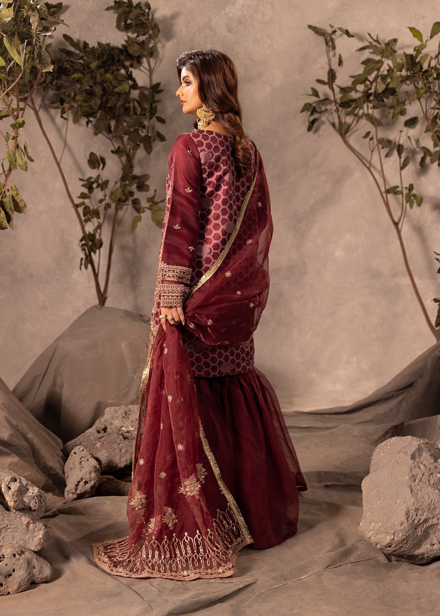 organza Gharara in Maroon