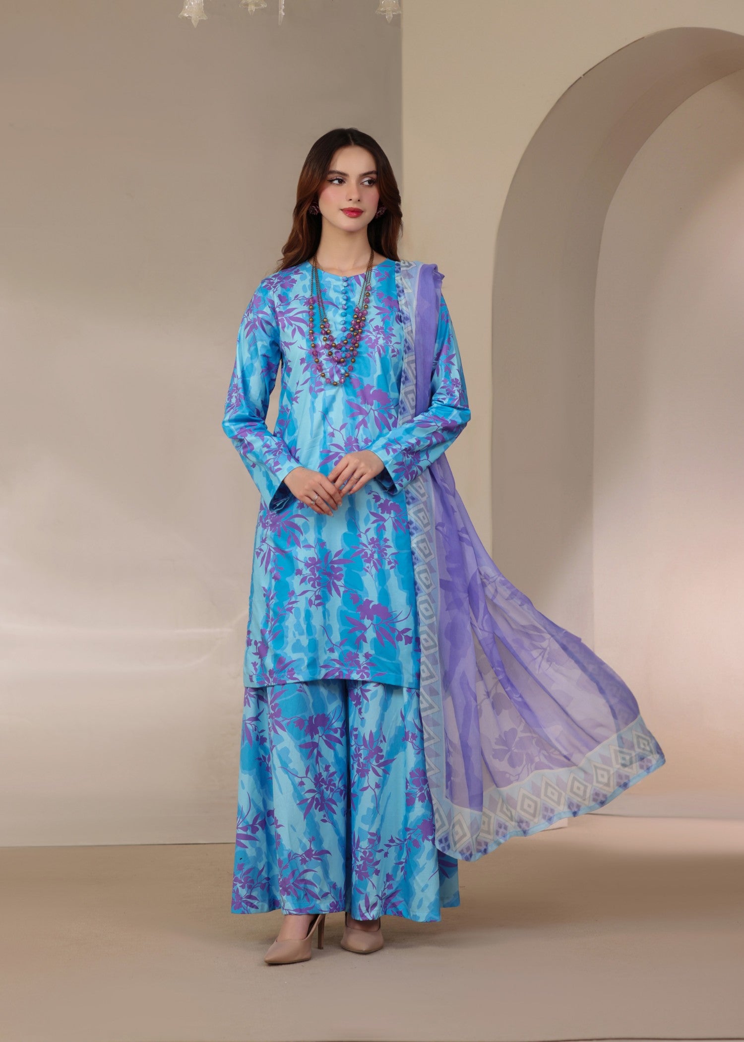 lawn Kurta Set in Ice blue, steel blue