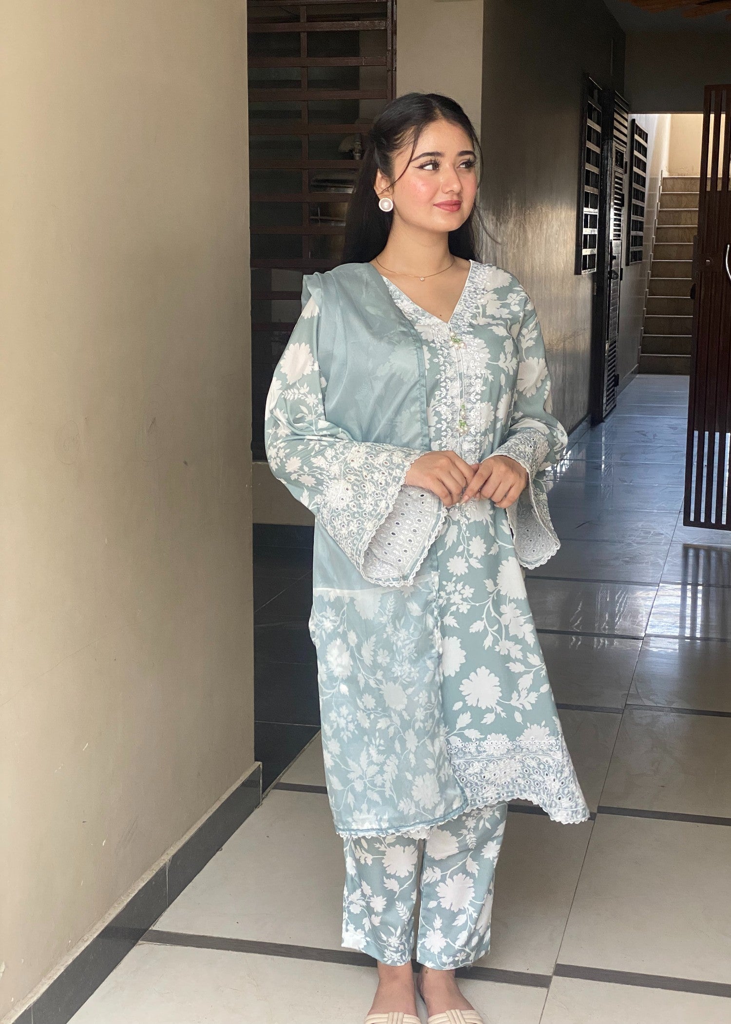 cotton silk Kurta Set in Slate grey