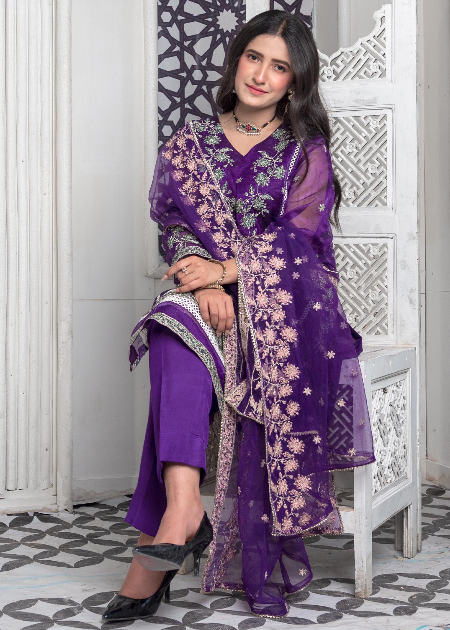 khaddi net shabnam zari Kurta Set in Purple