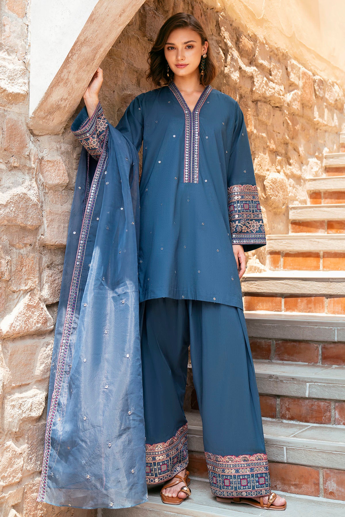 lawn Kurta Set in Royal blue