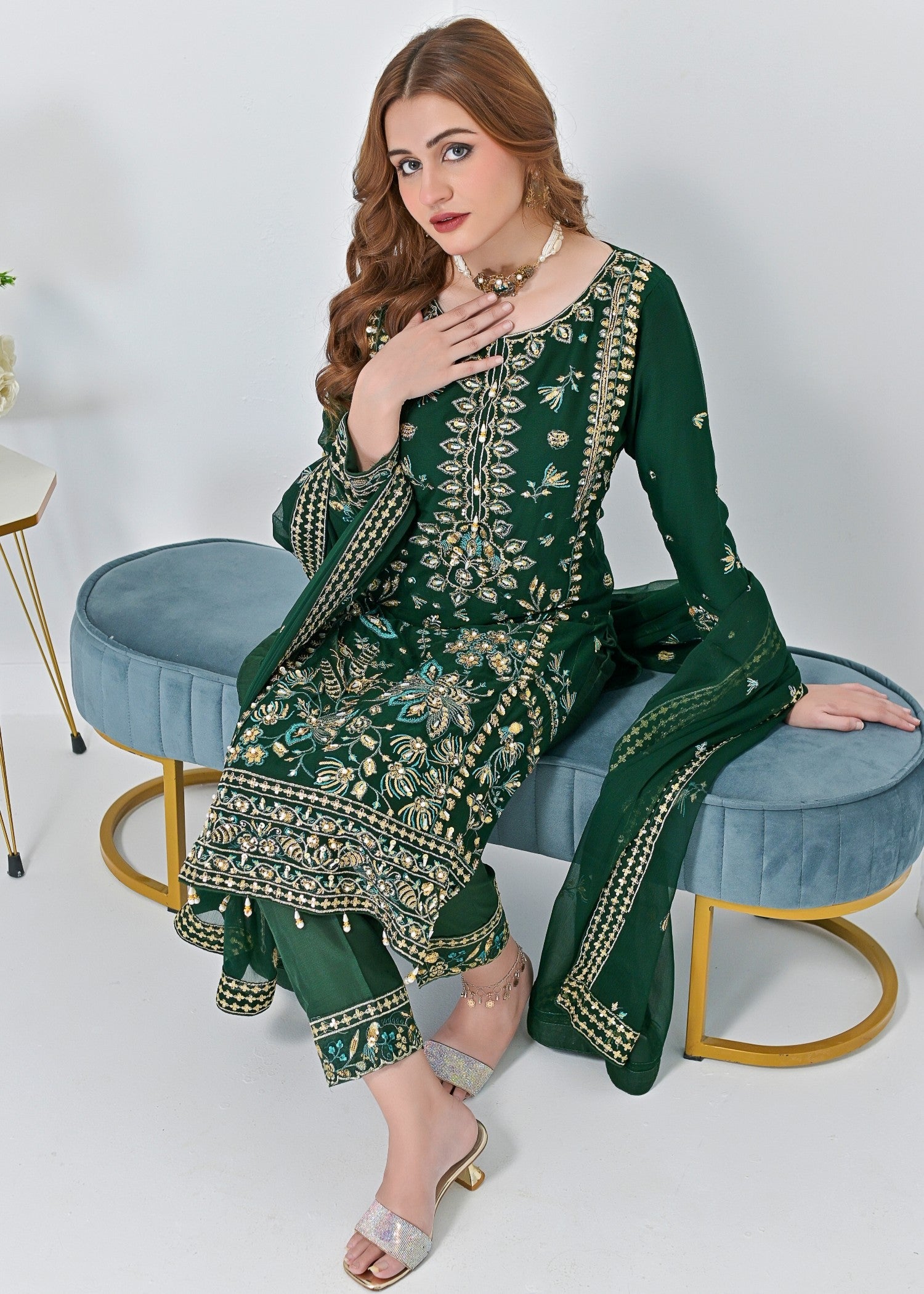 crinkle chiffon Kurta Set in Bottle green