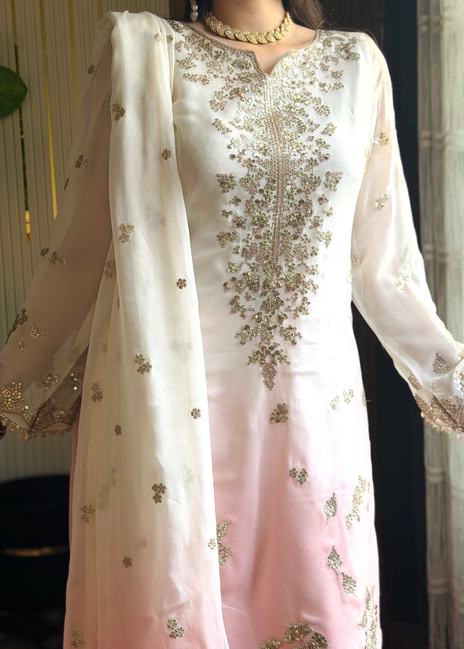 chiffon Kurta Set in Pink, off-white