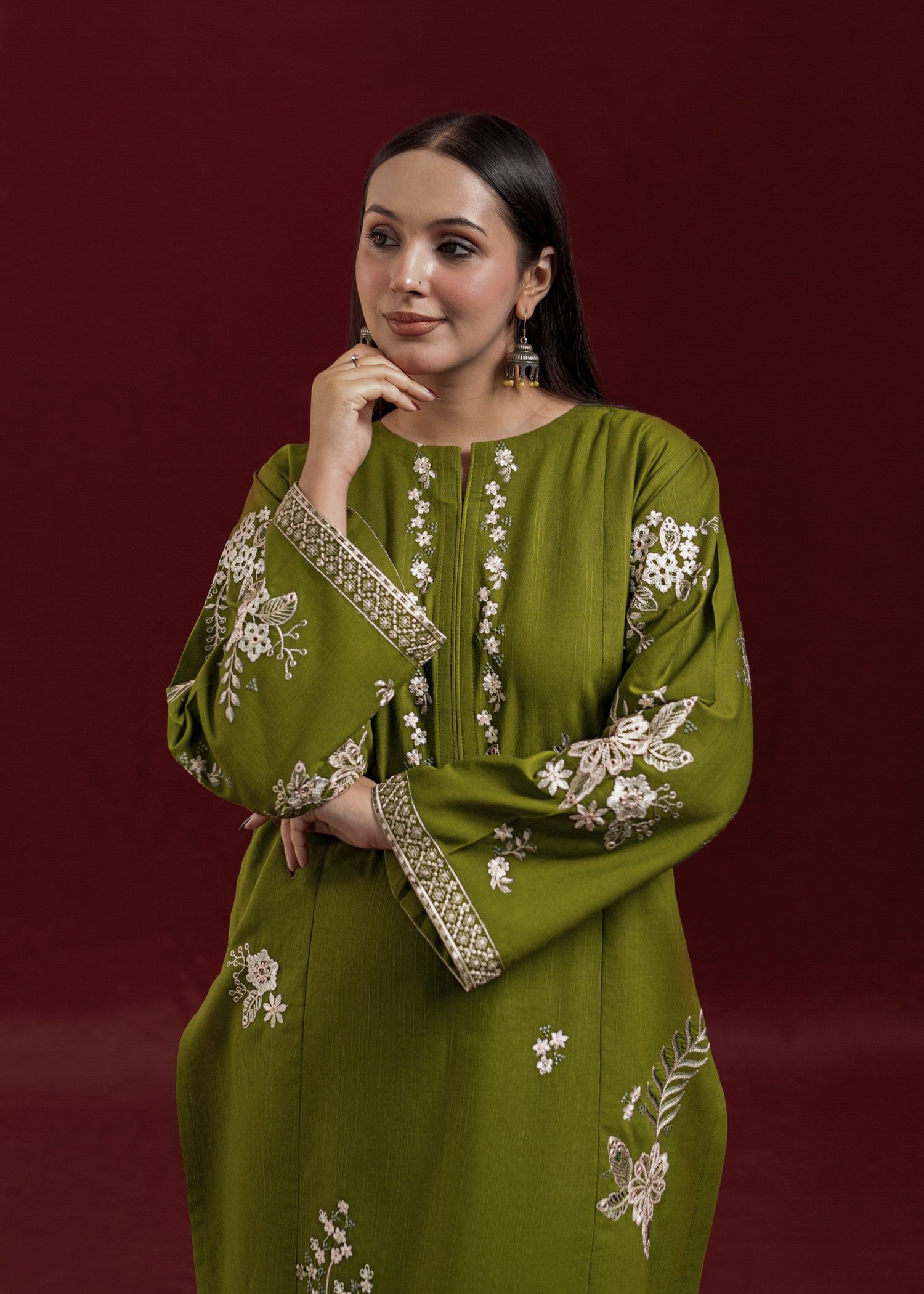 slub khaddar Kurta Set in Olive green