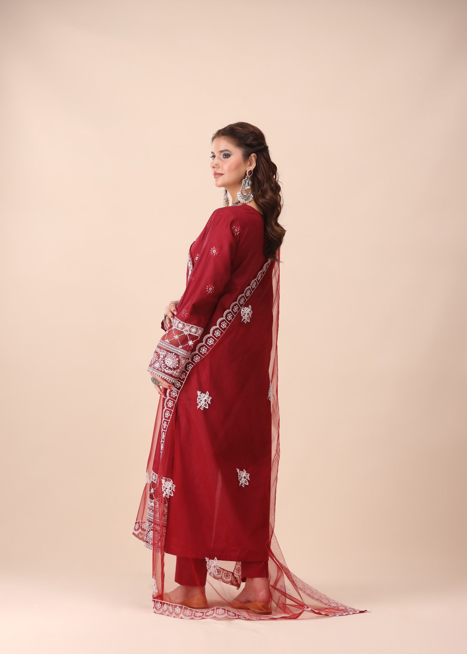 lawn Angrakha in Maroon