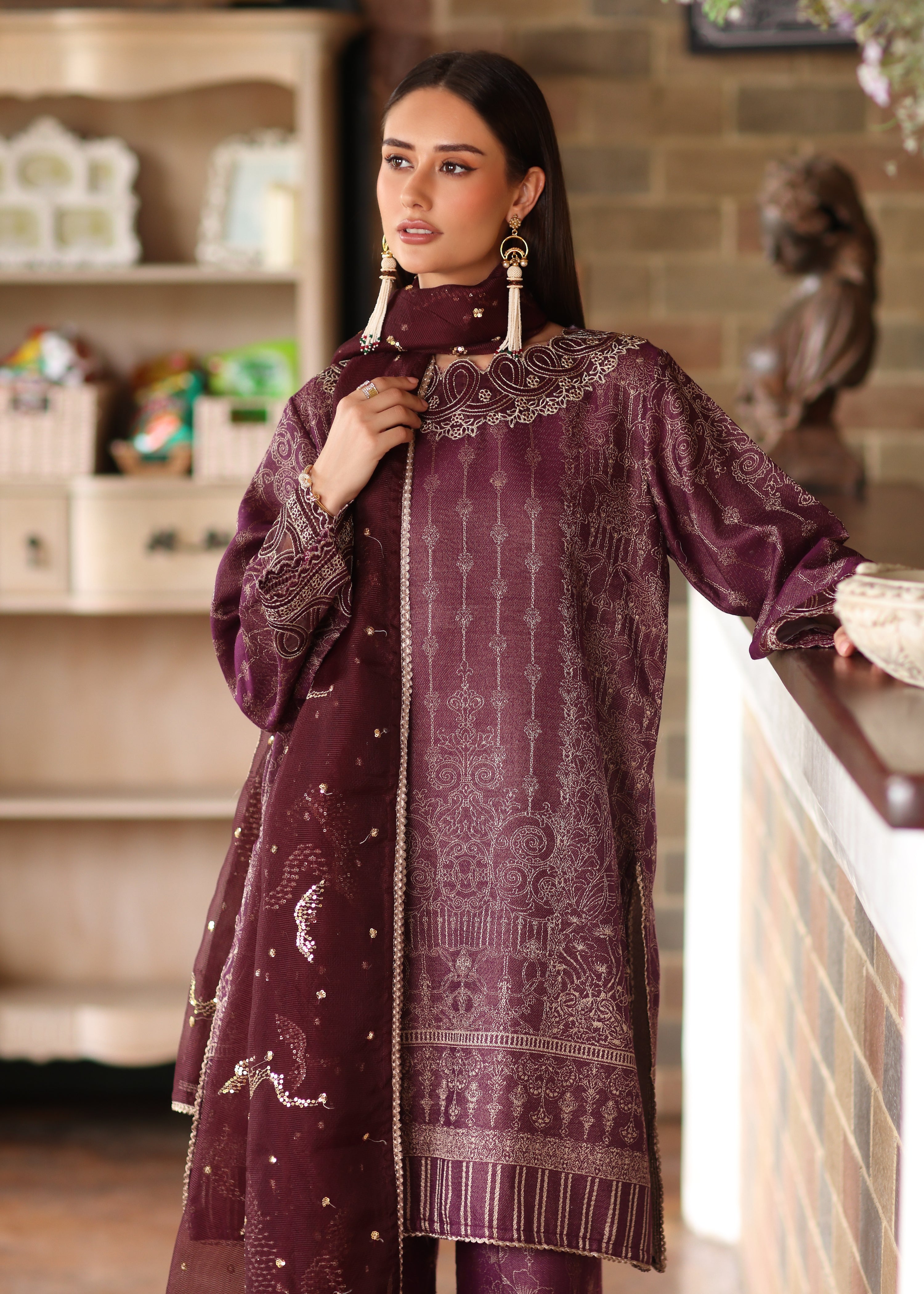 jacquard Kurta Set in Purple