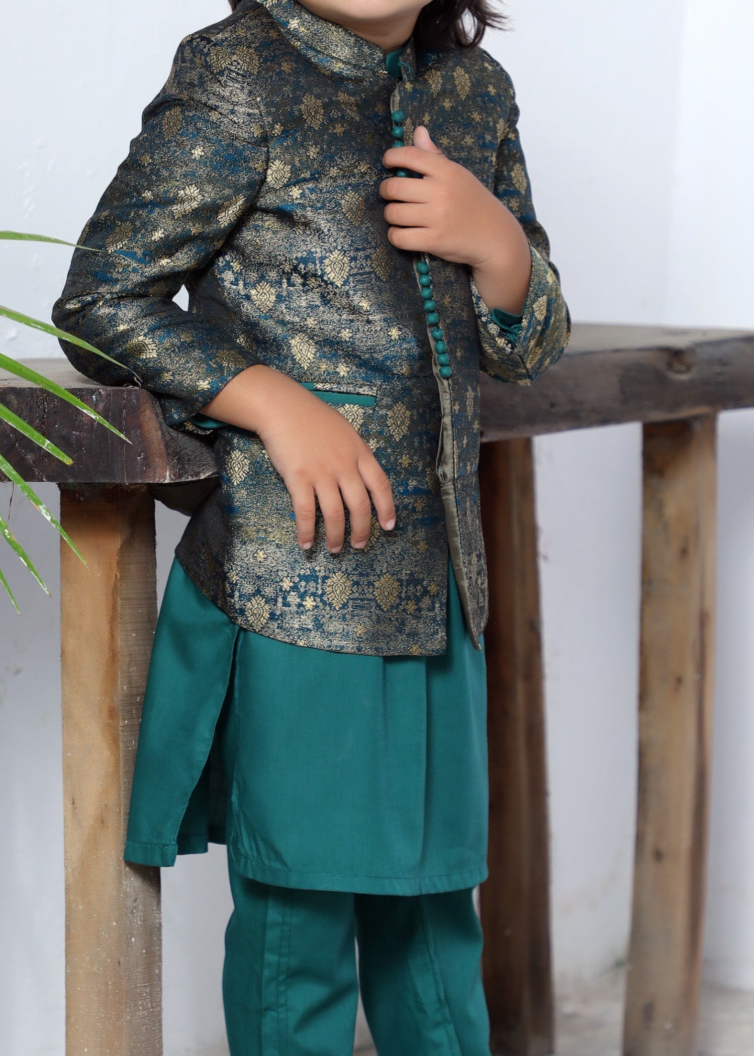 raw silk Prince Coat in Eucalyptus green, goldenrod