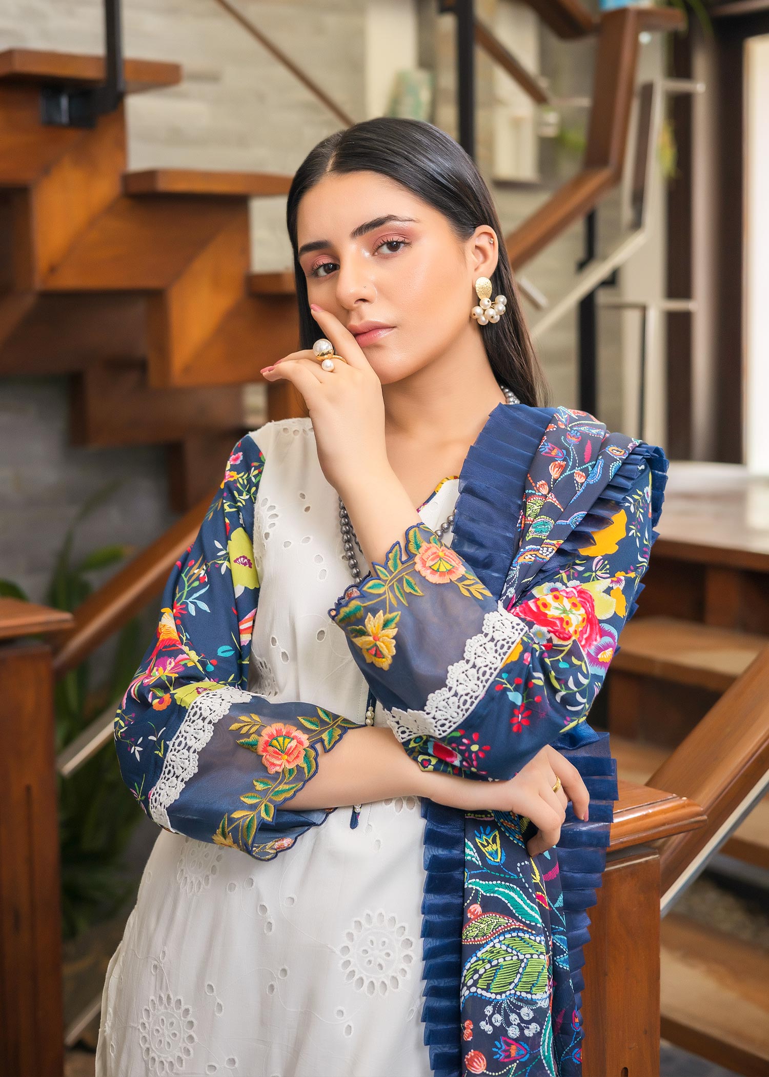 schiffli Kurta Set in White