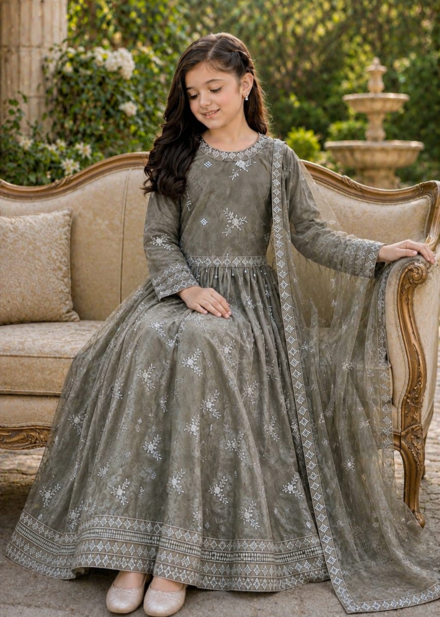 net Lehenga in Grey