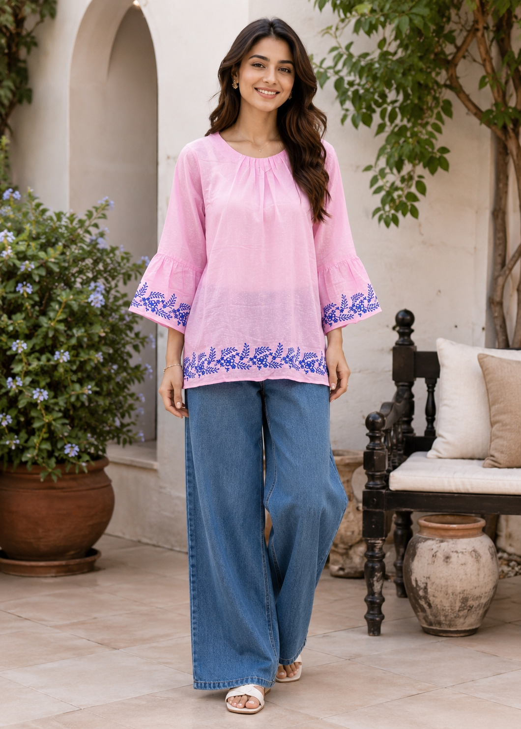 lawn karandi Top in Blush pink