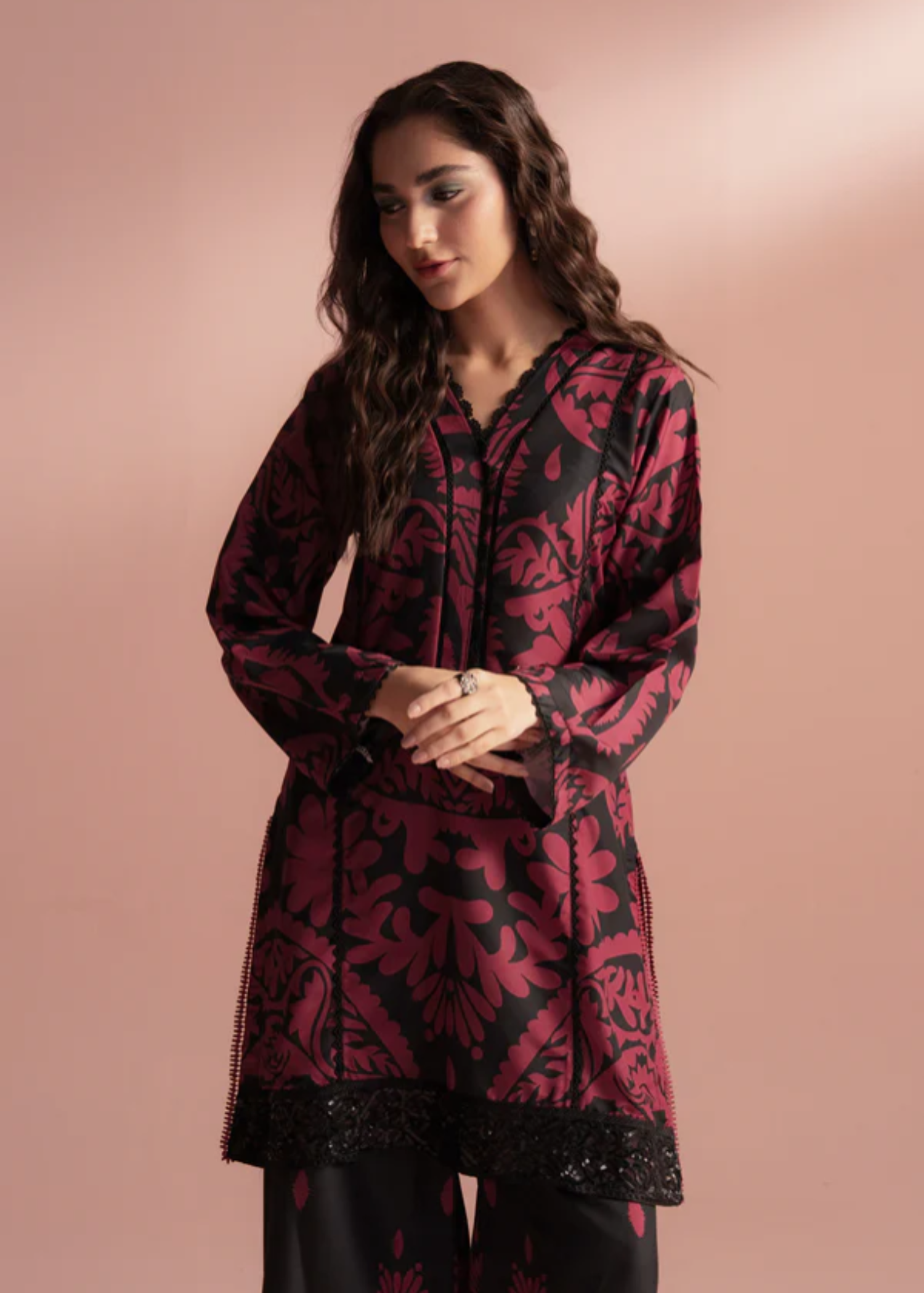 poly lawn Co Ord Sets in Black, blood red