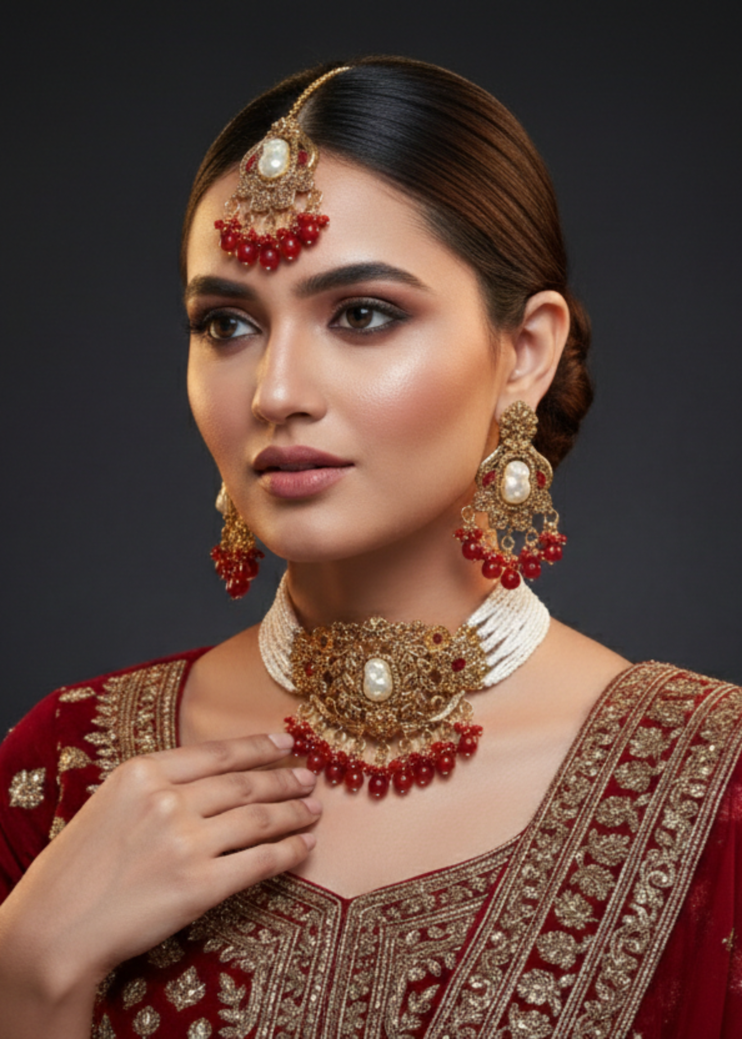 Choker in Champagne, pearl white, red Color by - Trendy Women Choker YHM9867