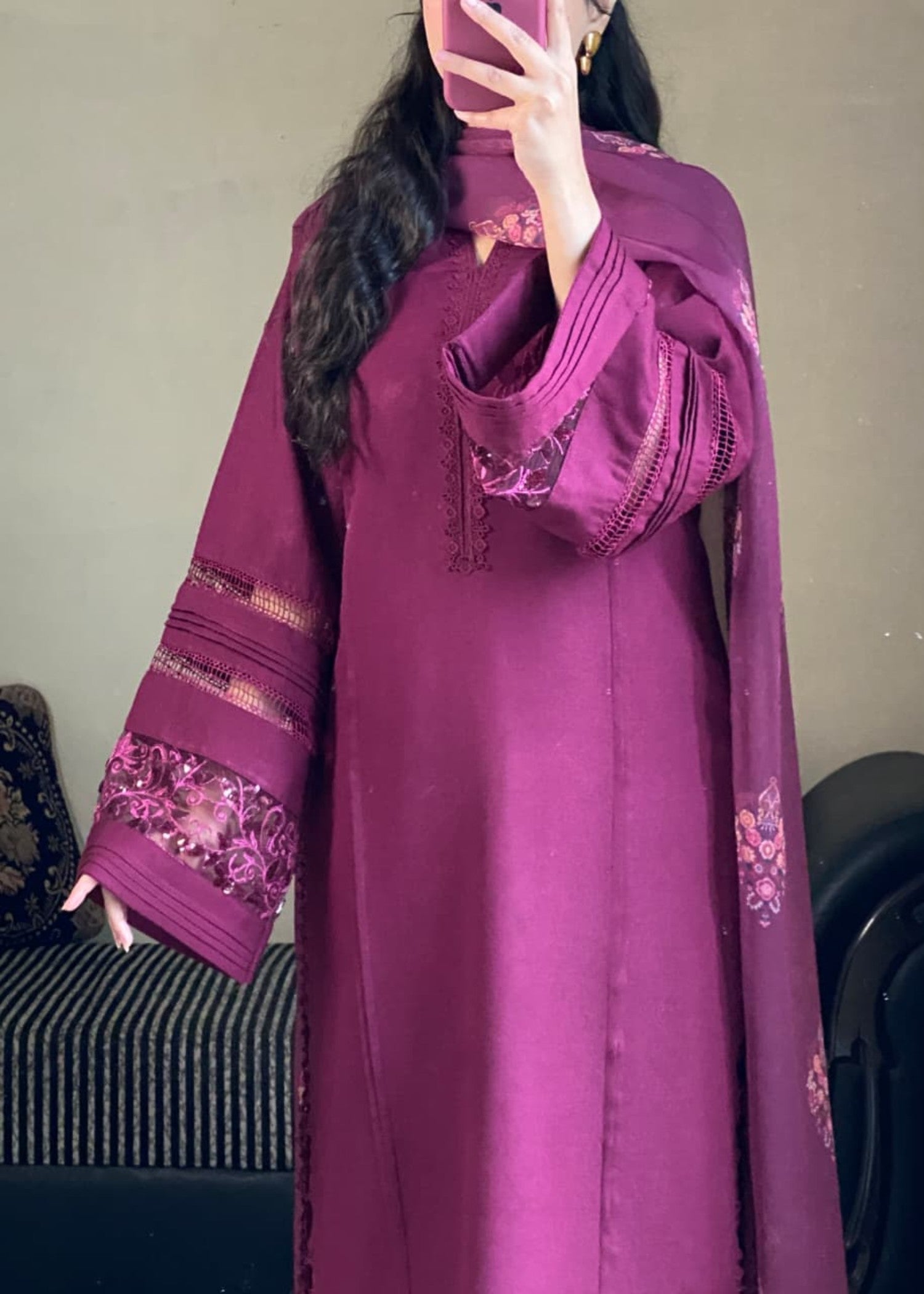 lawn cotton Kurta Set in Plum