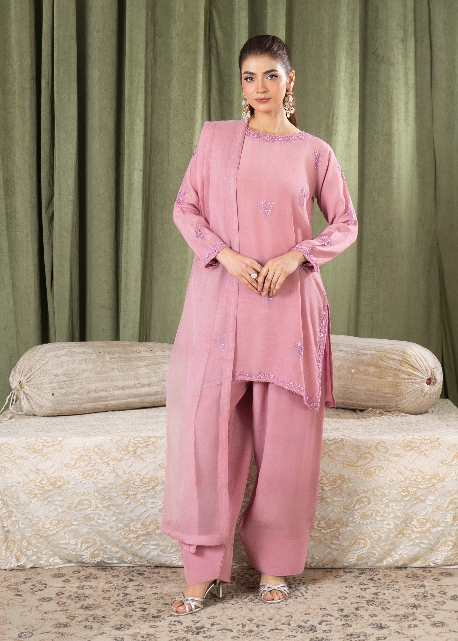 silk grip Kurta Set in Tea rose pink