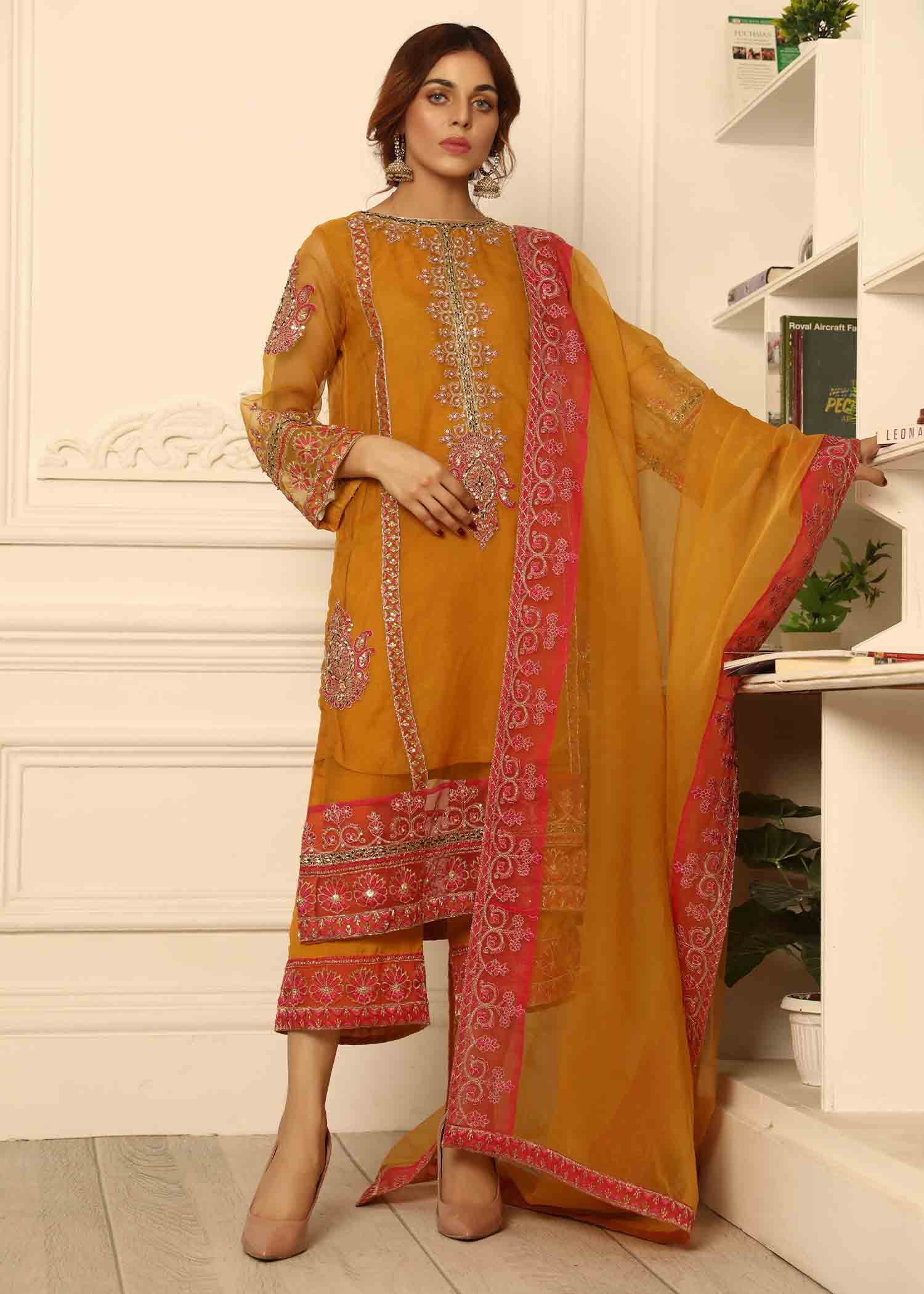 organza Unstitched in Mustard