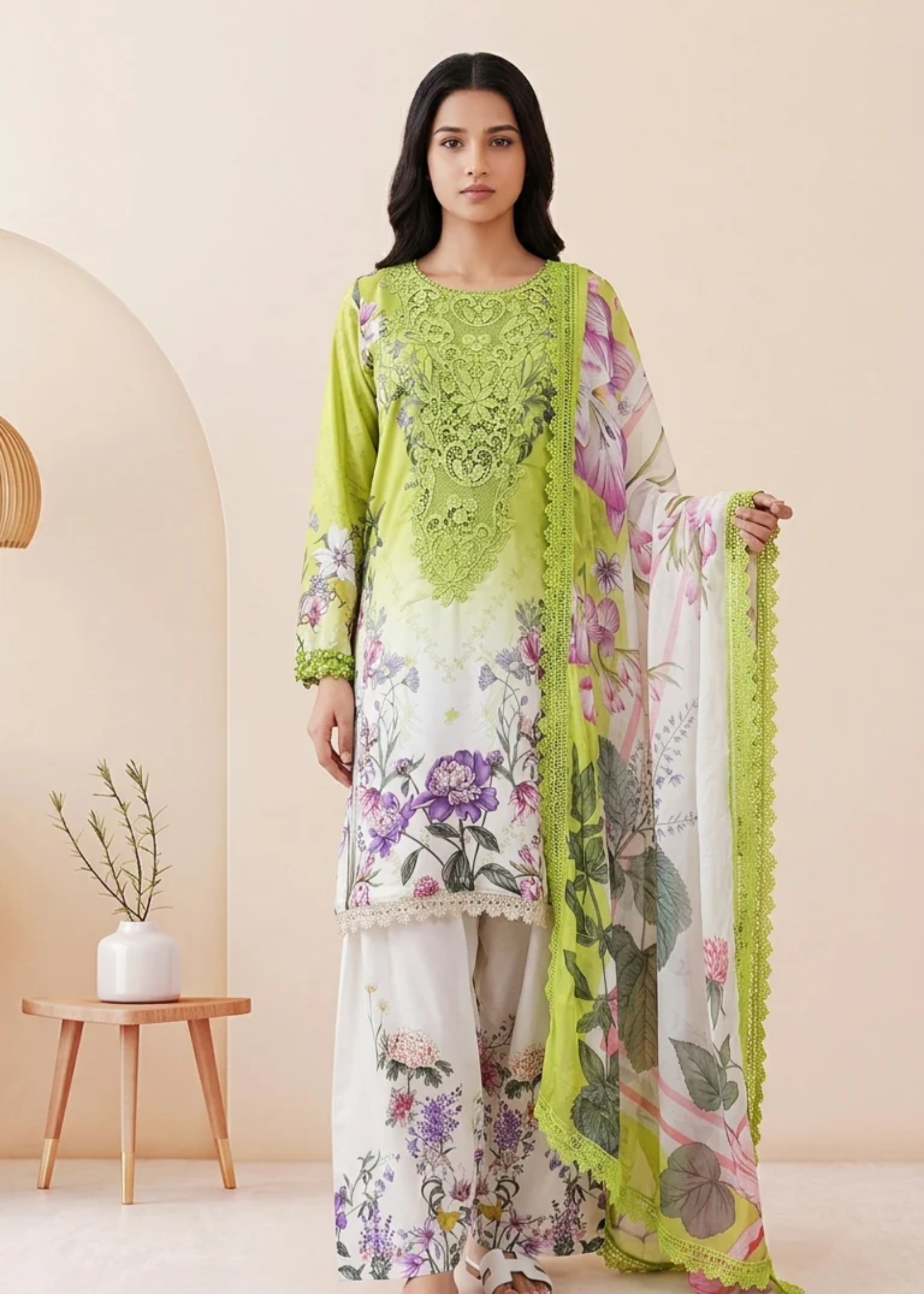 lawn Kurta Set in Herb green