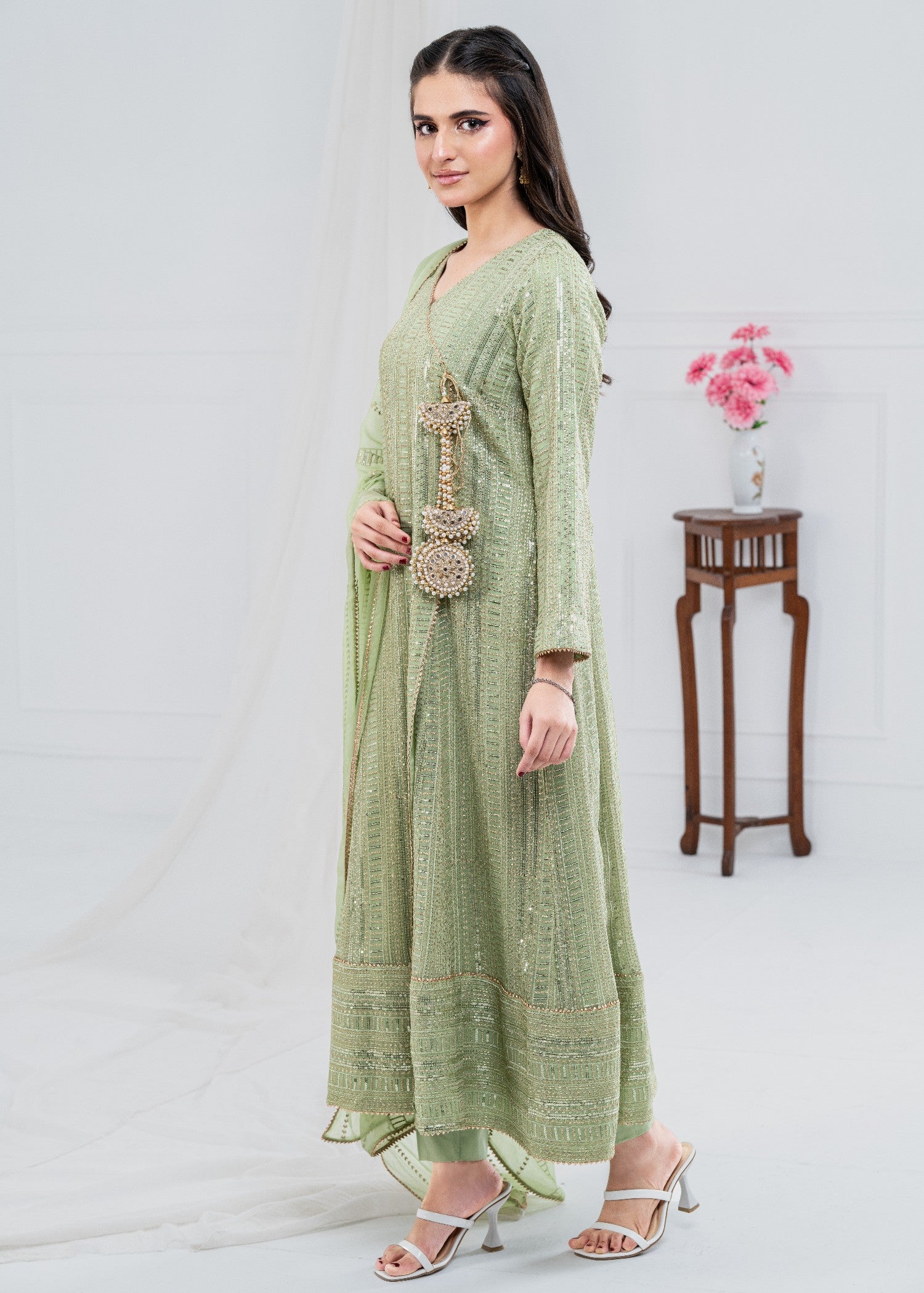 chiffon Angrakha in Pistachio green