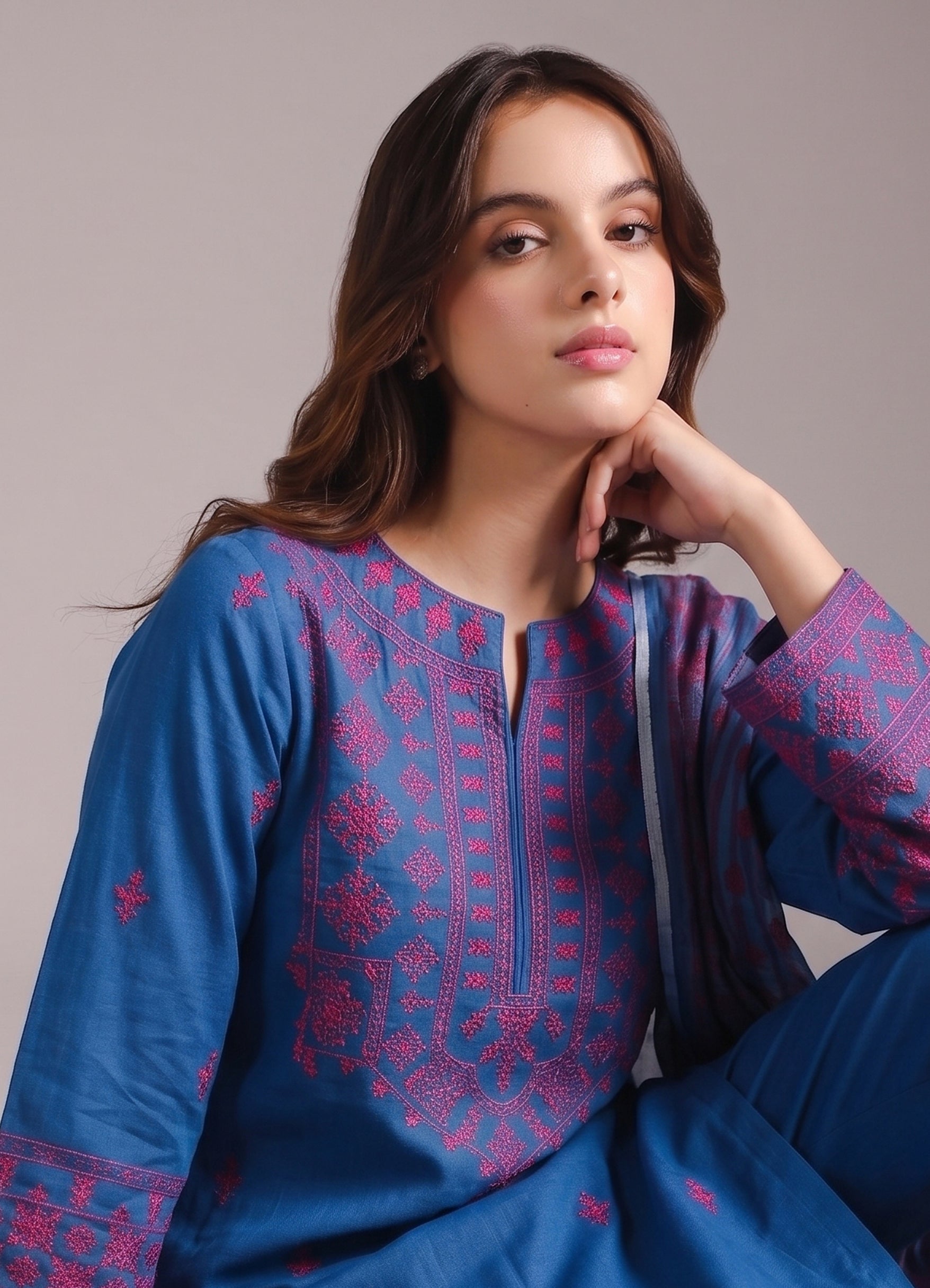 lawn cotton Kurta Set in Cerulean