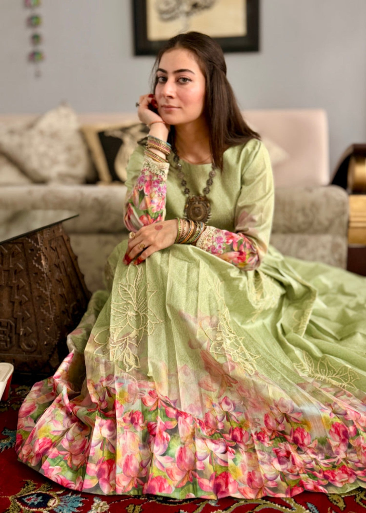 raw silk Maxi in Sage green