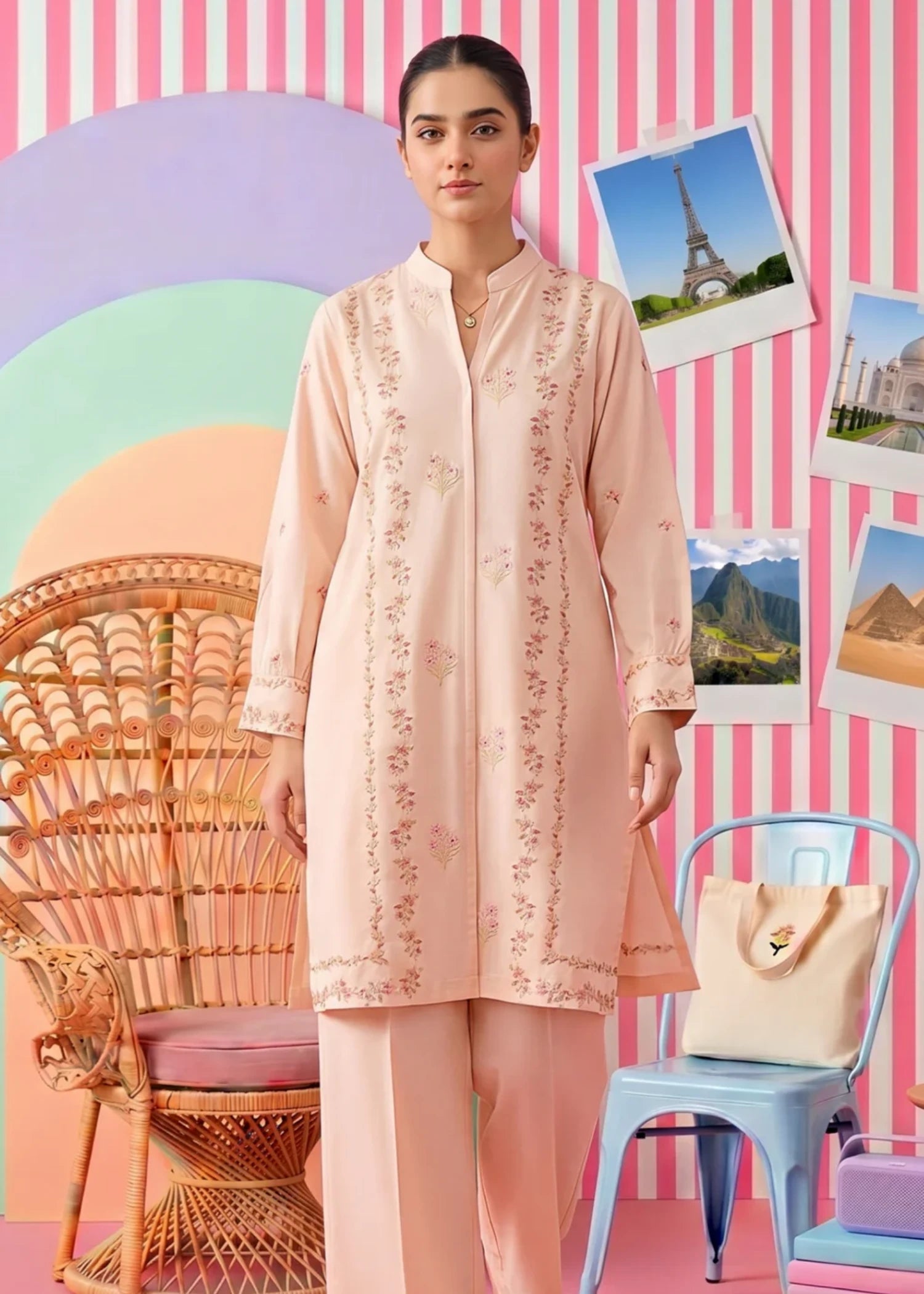 jacquard Kurta Set in Peach orange