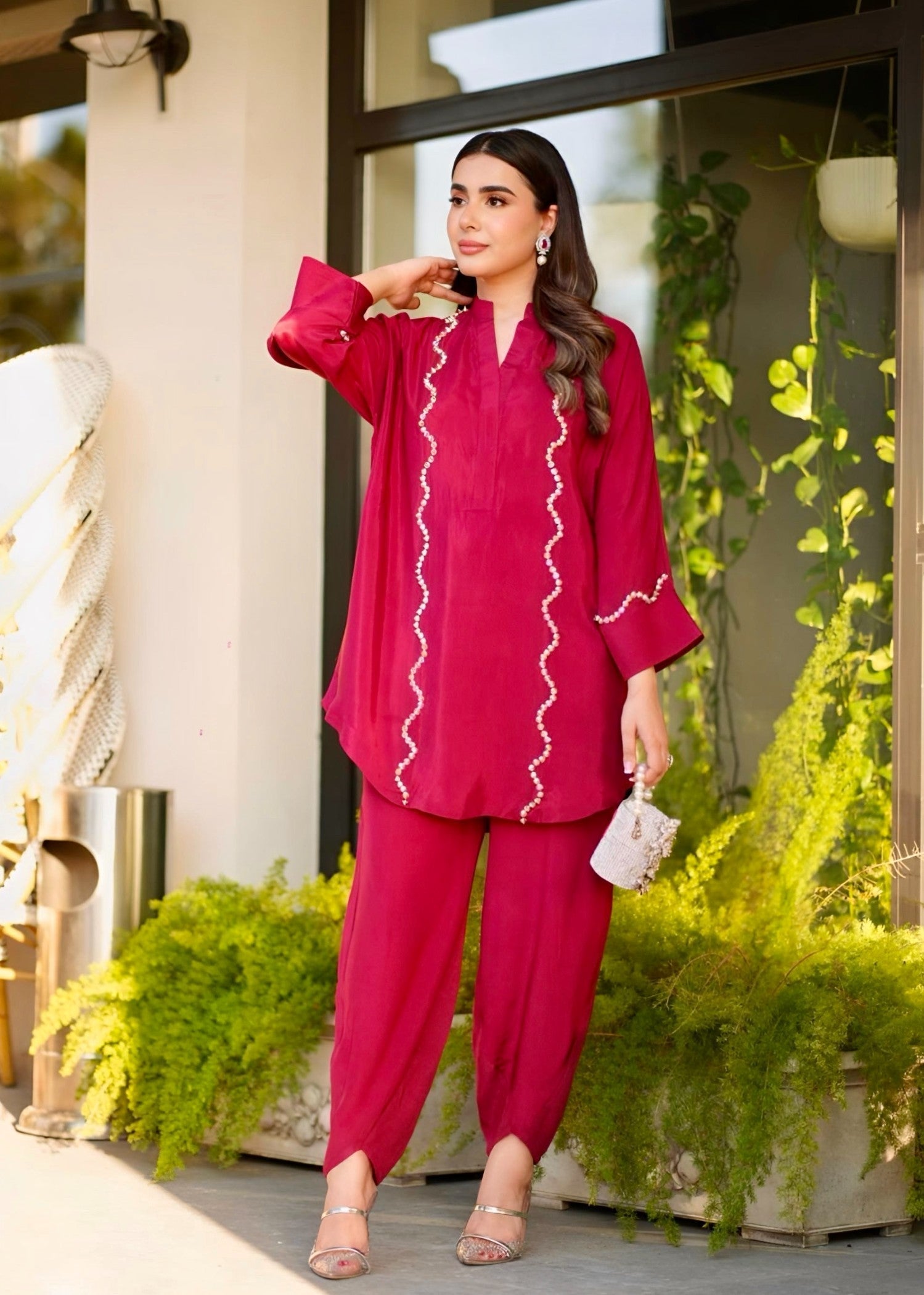 thai silk Kurta Set in Cherry red