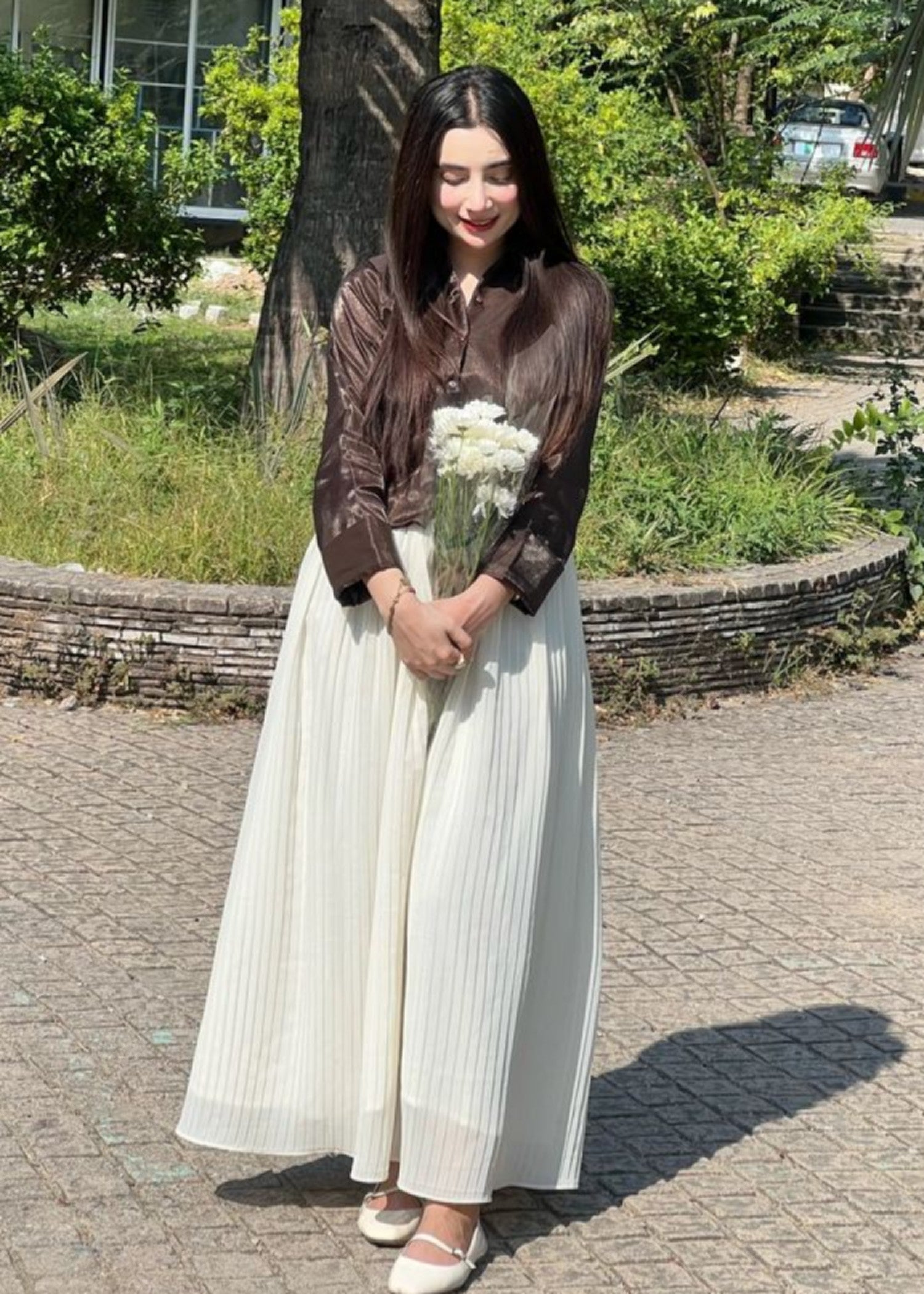 silk Skirt in Chocolate brown, white