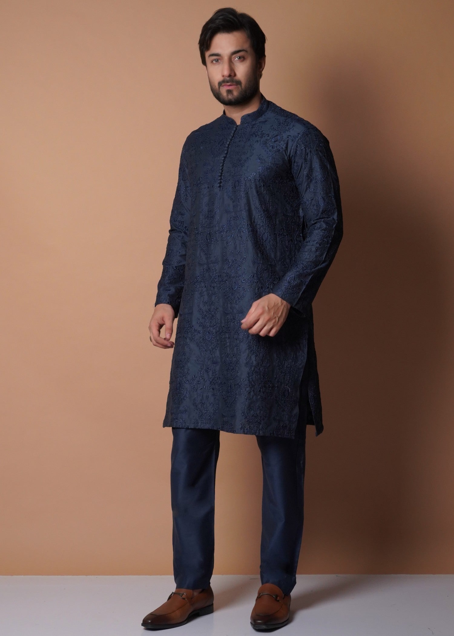 cotton silk Kurta Set in Navy blue