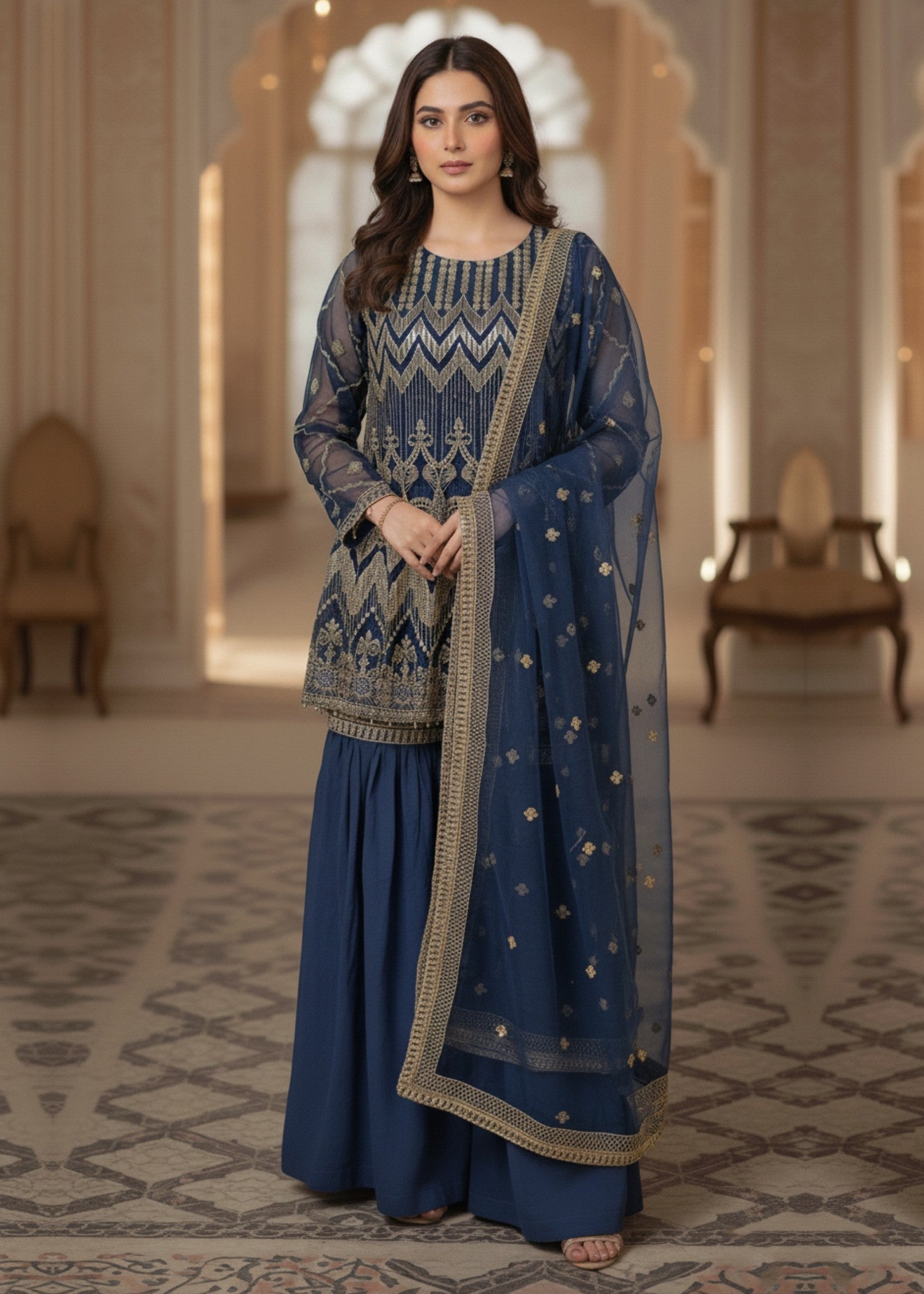 organza Gharara in Blue