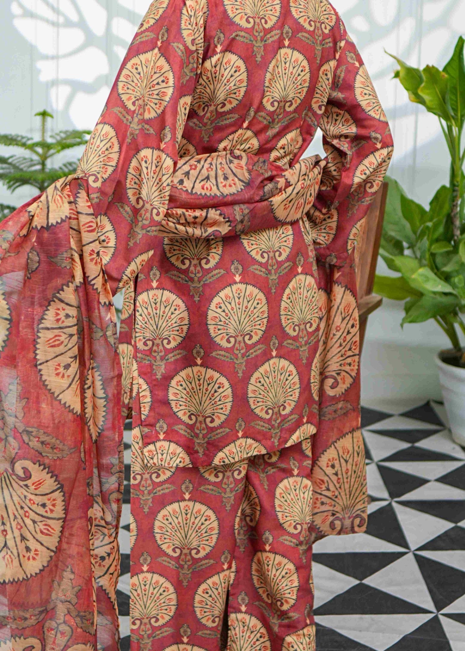 swiss lawn Kurta Set in Rust orange