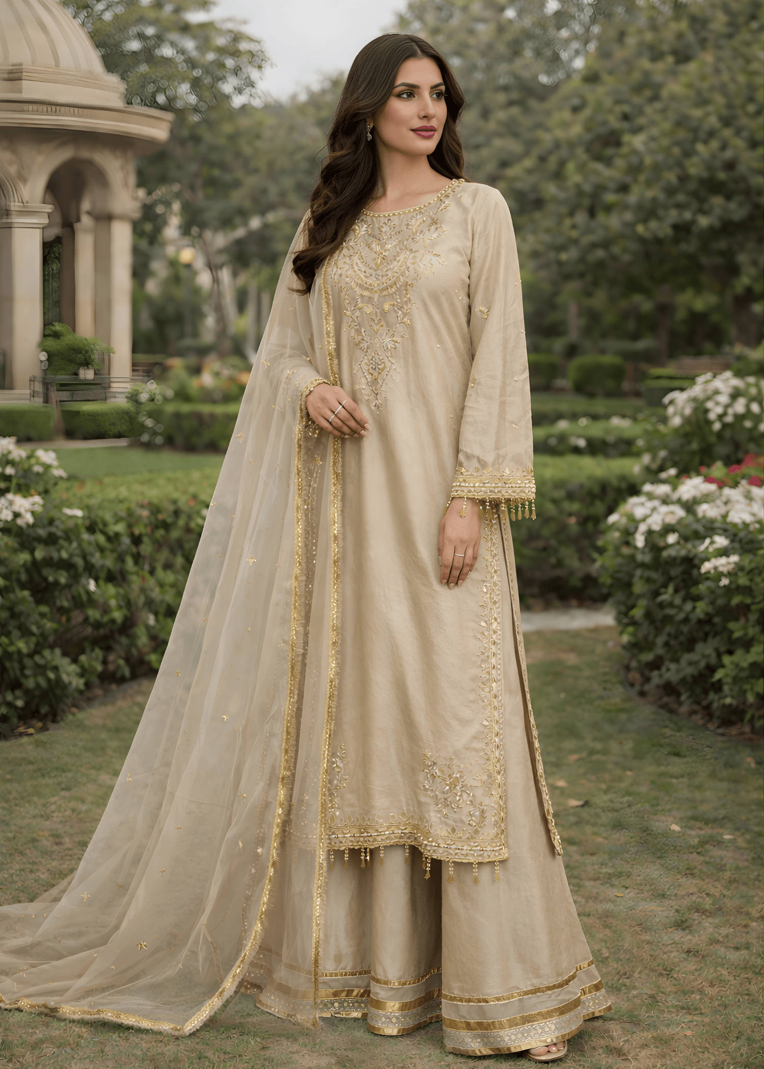 silk Sharara in Beige