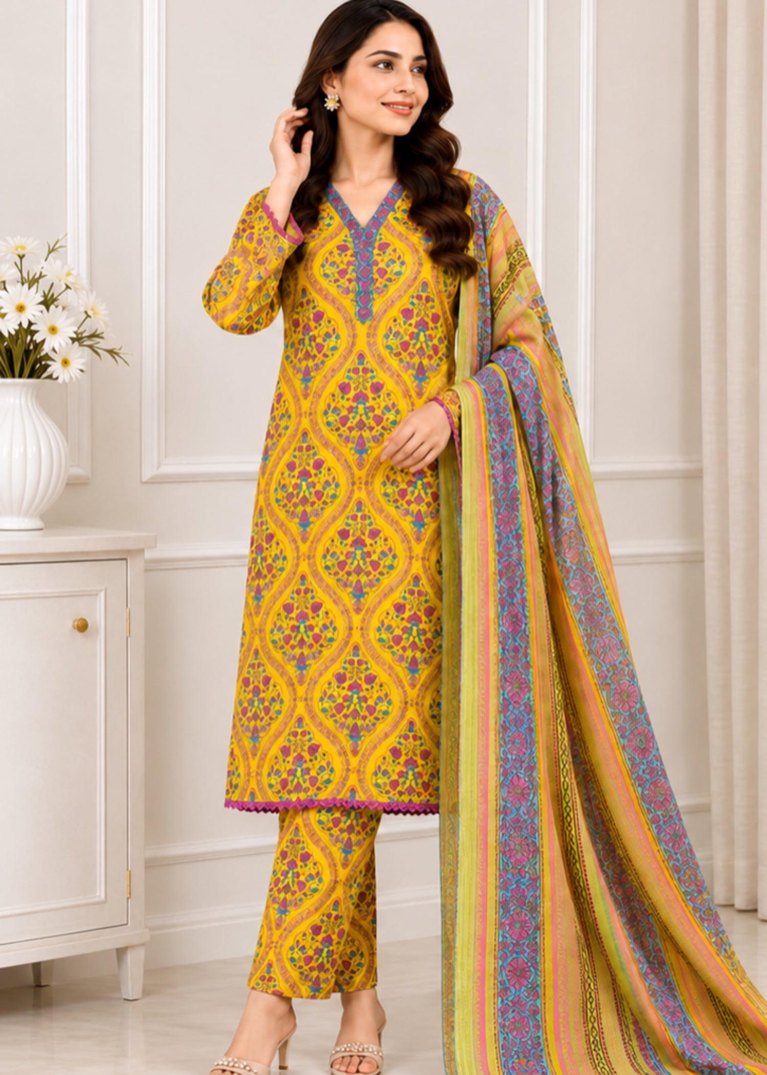 lawn Kurta Set in Mustard, lemon