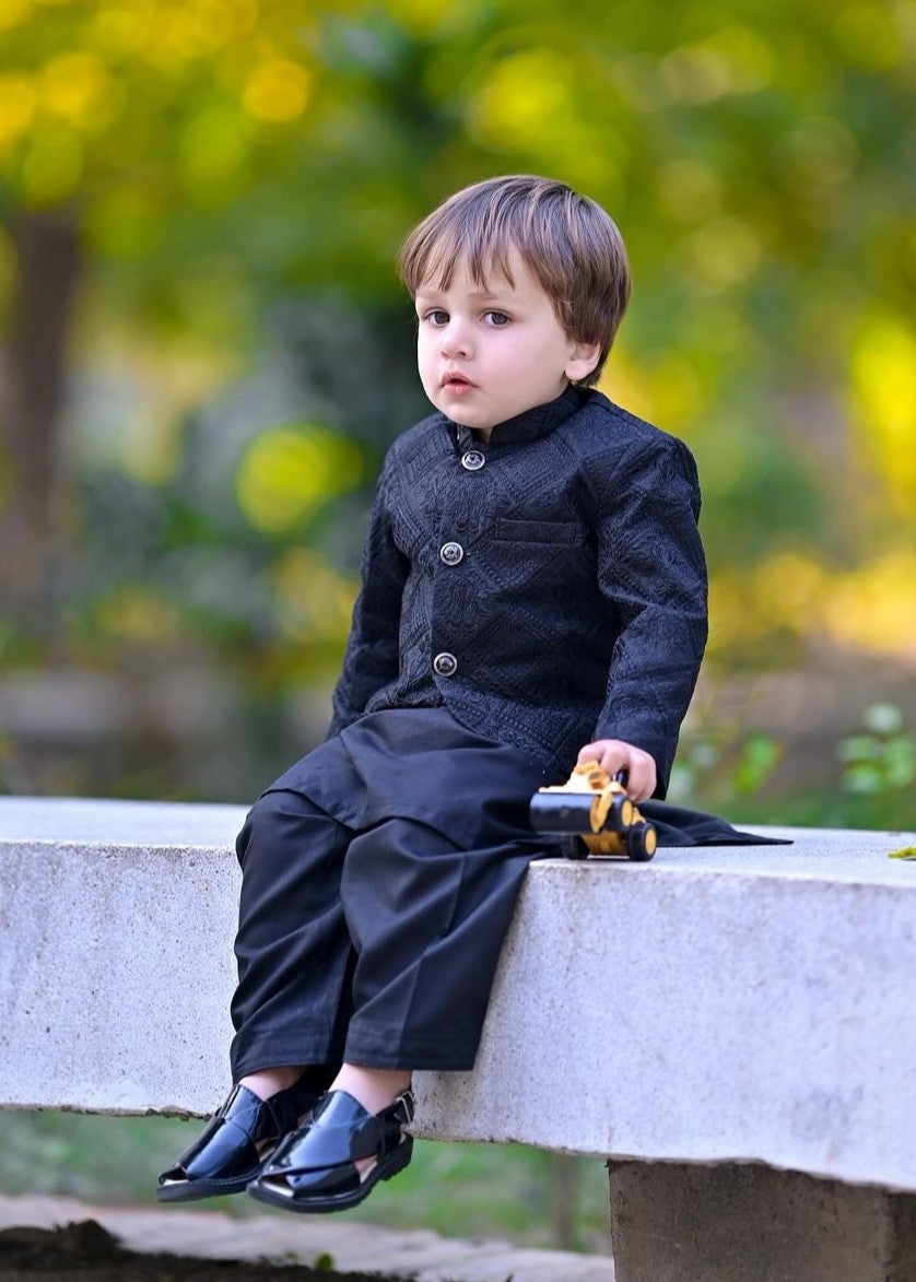 raw silk Prince Coat in Black
